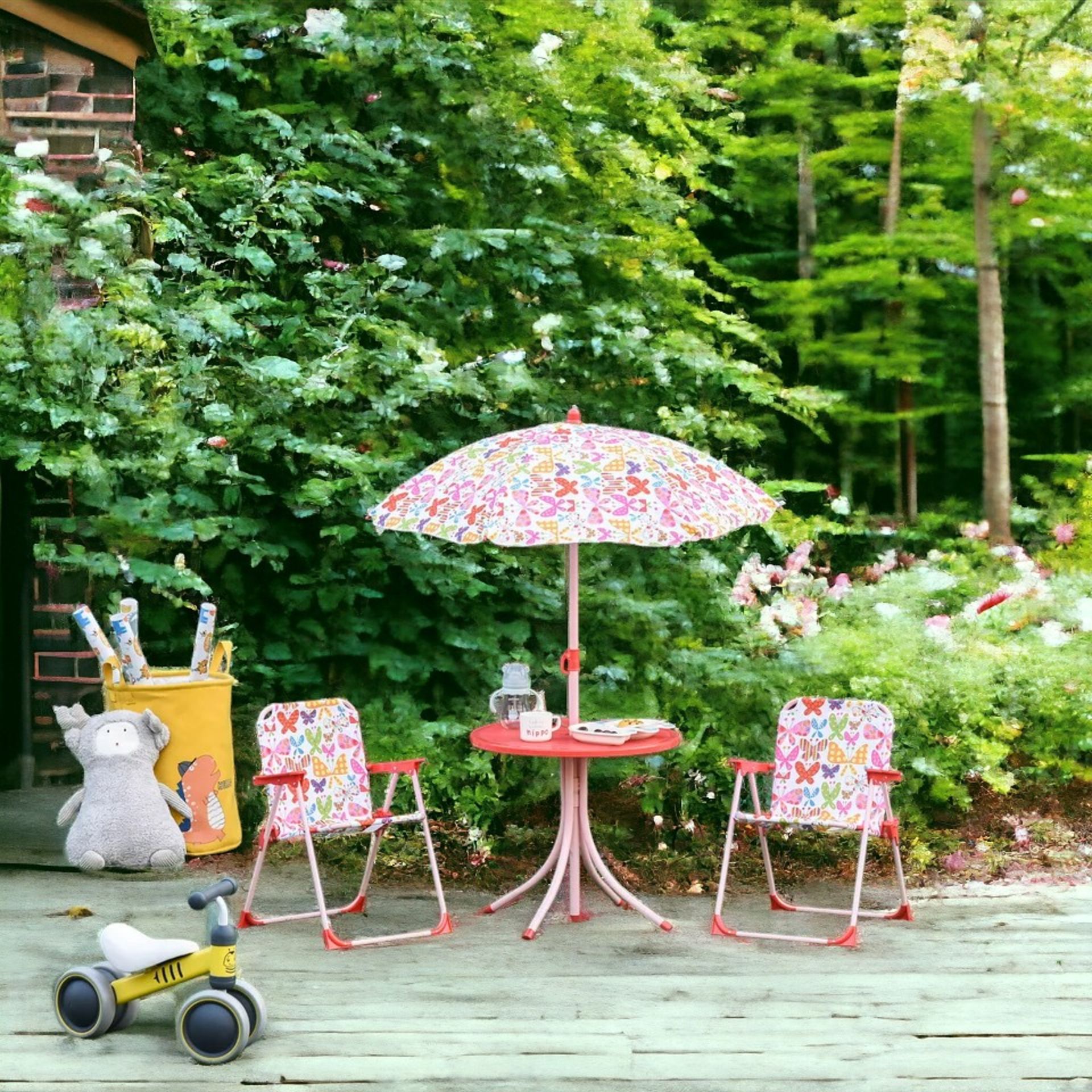FREE DELIVERY - BRAND NEW KIDS FOLDING PICNIC TABLE CHAIR SET BUTTERFLY PATTERN OUTDOOR PARASOL - Image 2 of 2