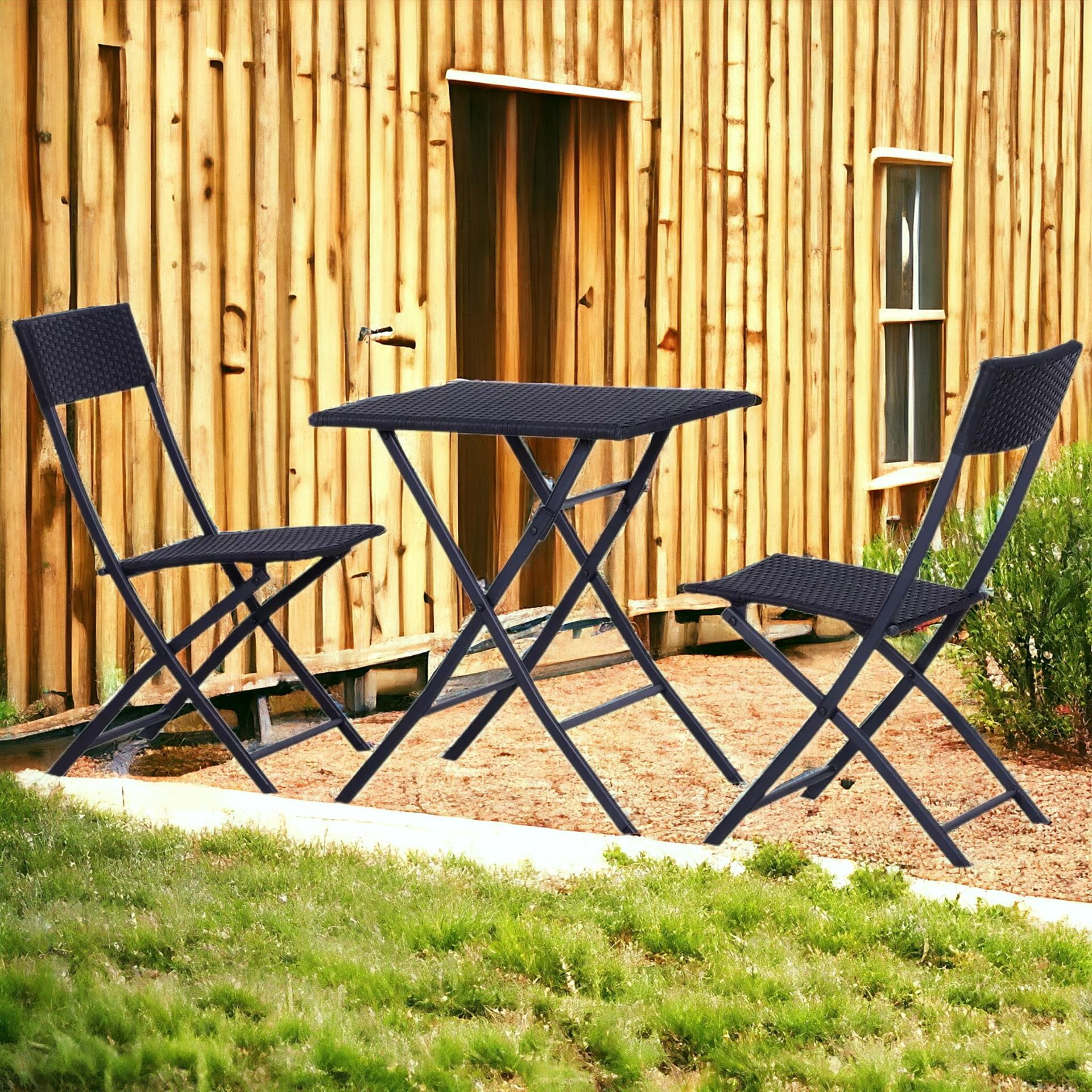 FREE DELIVERY- BRAND NEW 3PC BISTRO SET RATTAN FURNITURE OUTDOOR GARDEN FOLDING CHAIR TABLE