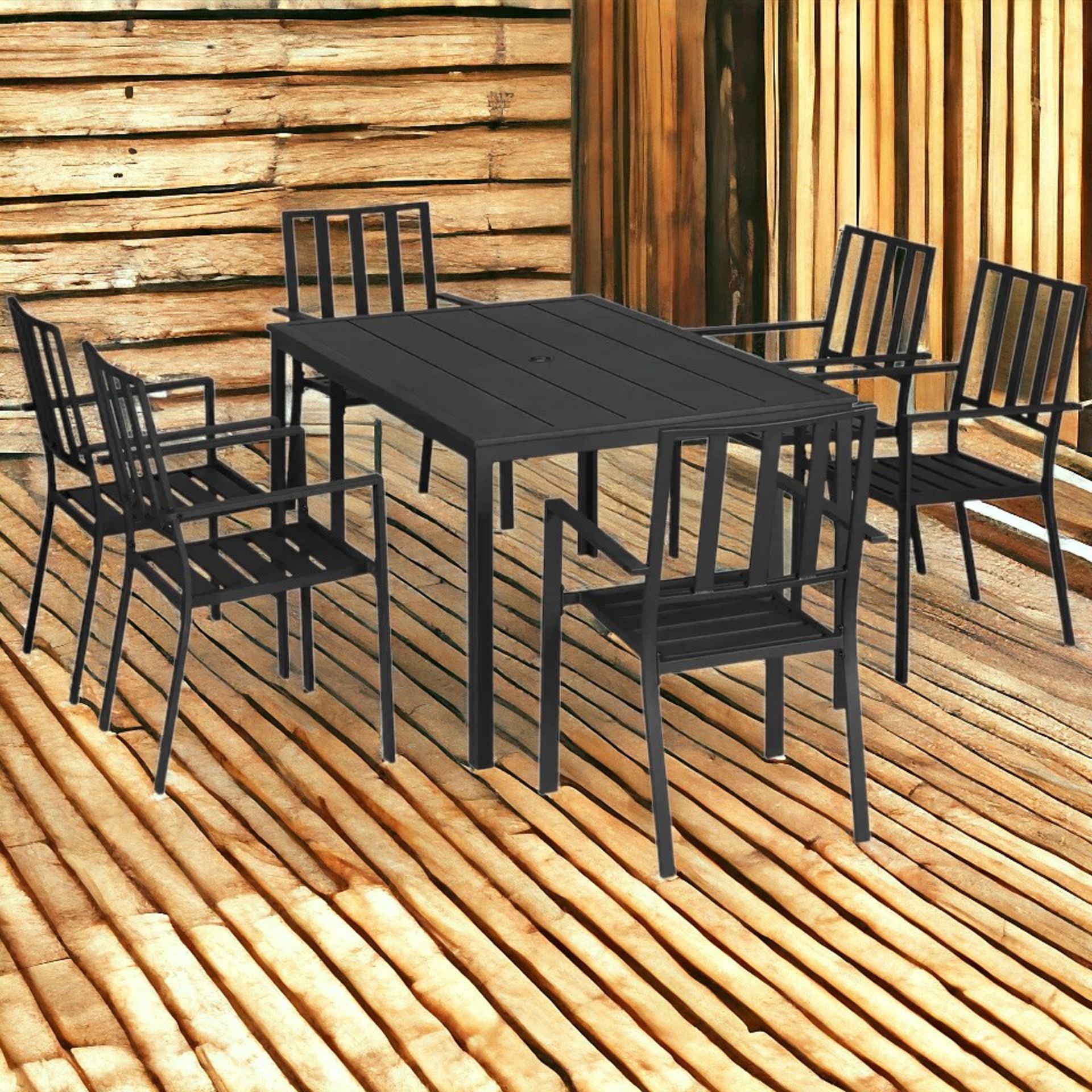 FREE DELIVERY-BRAND NEW 7 PCS GARDEN DINING SET W/ STACKABLE CHAIRS AND METAL TOP TABLE, BLACK - Bild 2 aus 2