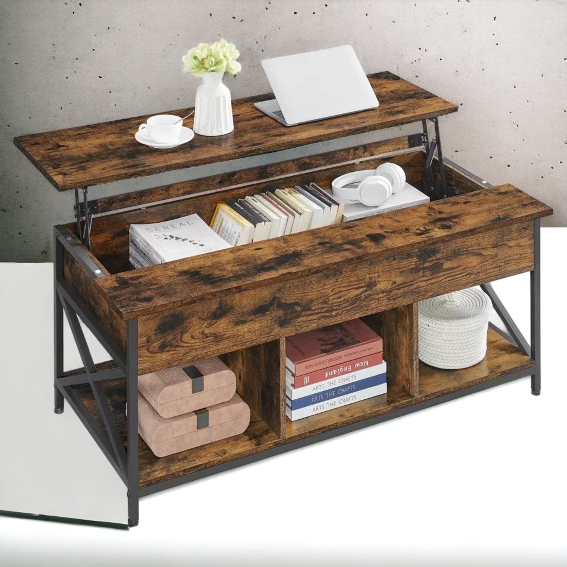 FREE DELIVERY - BRAND NEW COFFEE TABLE LIFTTOP TABLE OPEN HIDDEN STORAGE RUSTIC BROWN AND BLACK