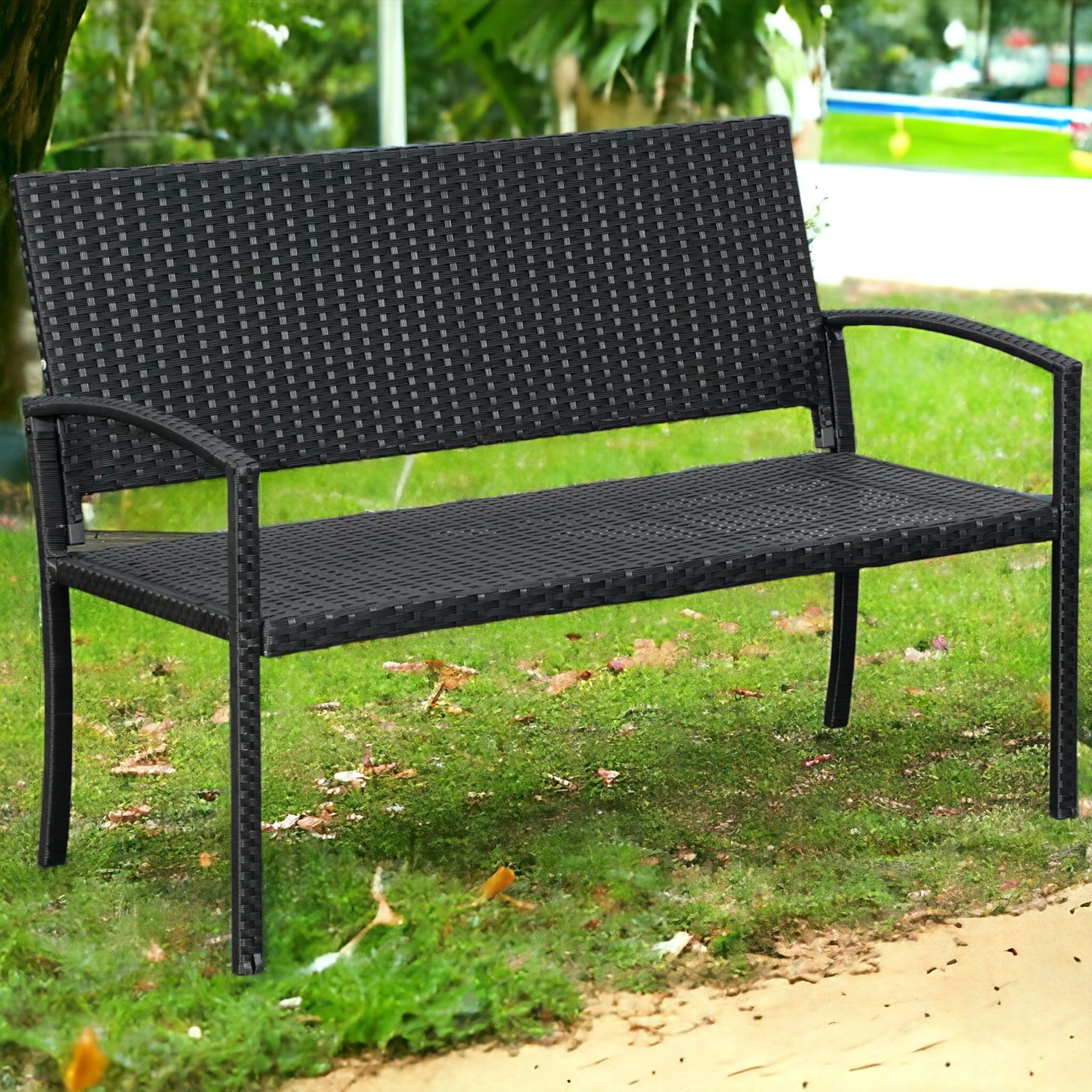 FREE DELIVERY- STYLISH PATIO RATTAN 2 SEATER LOVE SEAT GARDEN BENCH IN BLACK