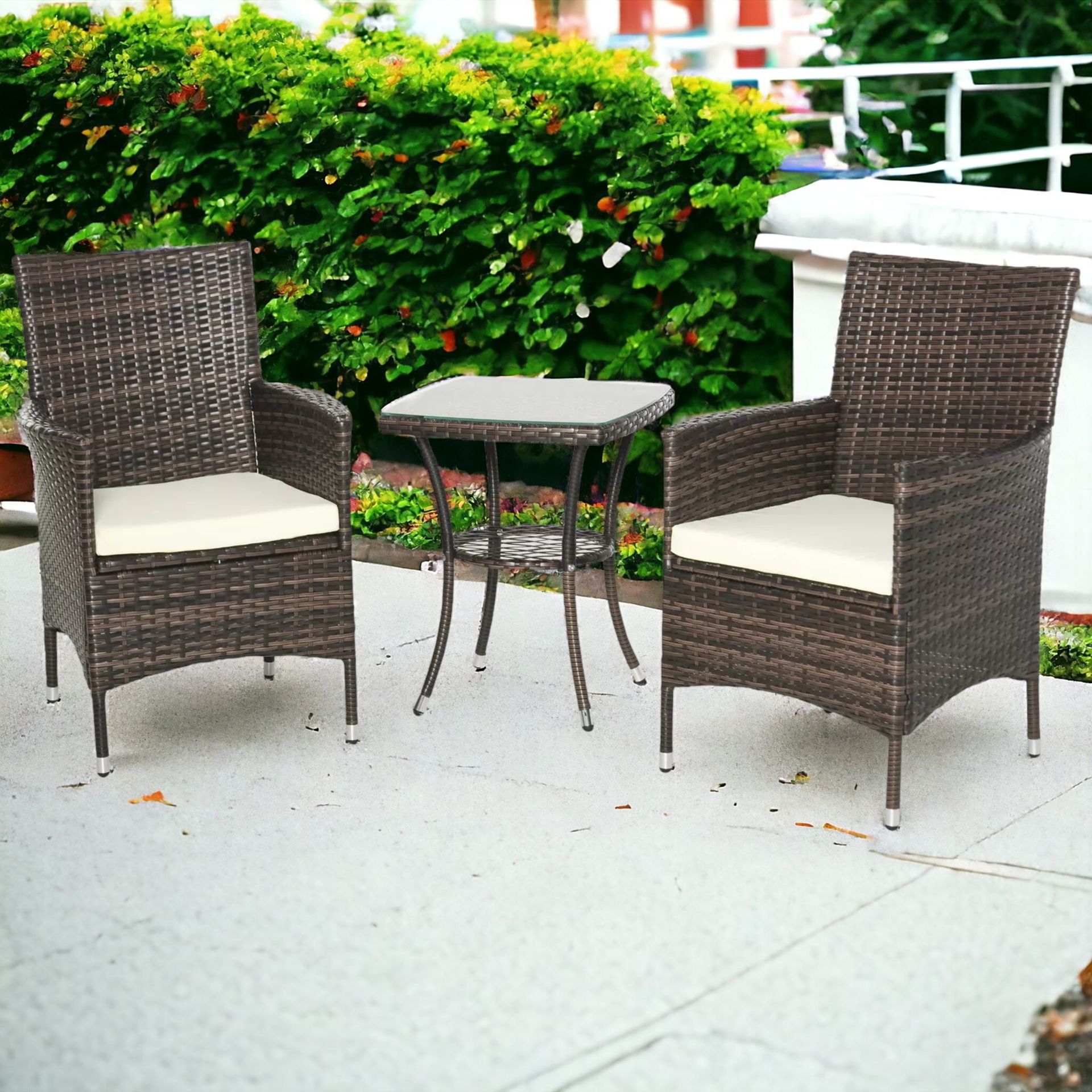 FREE DELIVERY- BRAND NEW RATTAN BISTRO SET GARDEN CHAIR TABLE PATIO OUTDOOR CUSHION