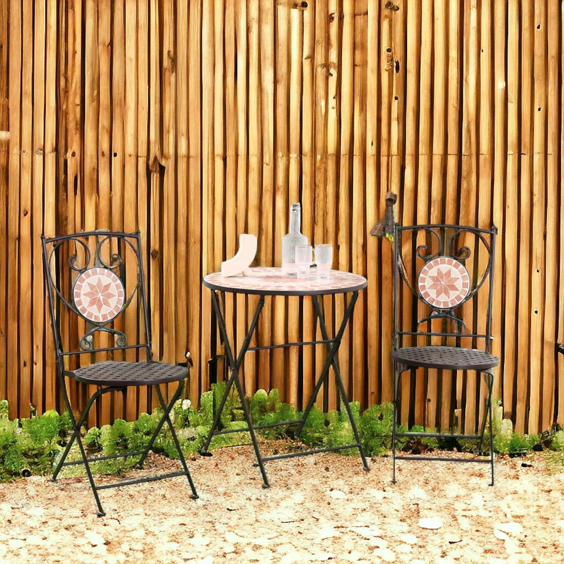 FREE DELIVERY-BRAND NEW 3-PIECE OUTDOOR BISTRO SET W/ MOSAIC ROUND TABLE AND 2 ARMLESS CHAIRS - Image 2 of 2