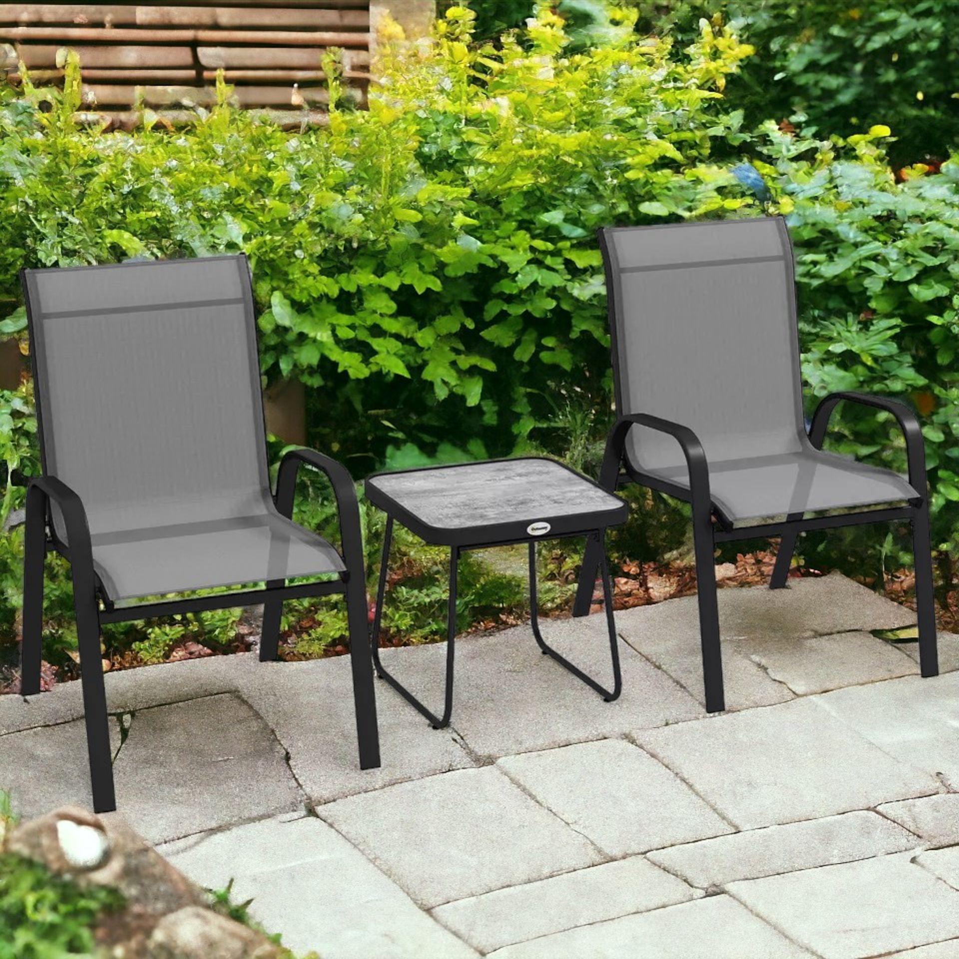 FREE DELIVERY- BRAND NEW 3PCS BISTRO SET WITH BREATHABLE MESH FABRIC STACKABLE CHAIRS LIGHT GREY - Image 2 of 2