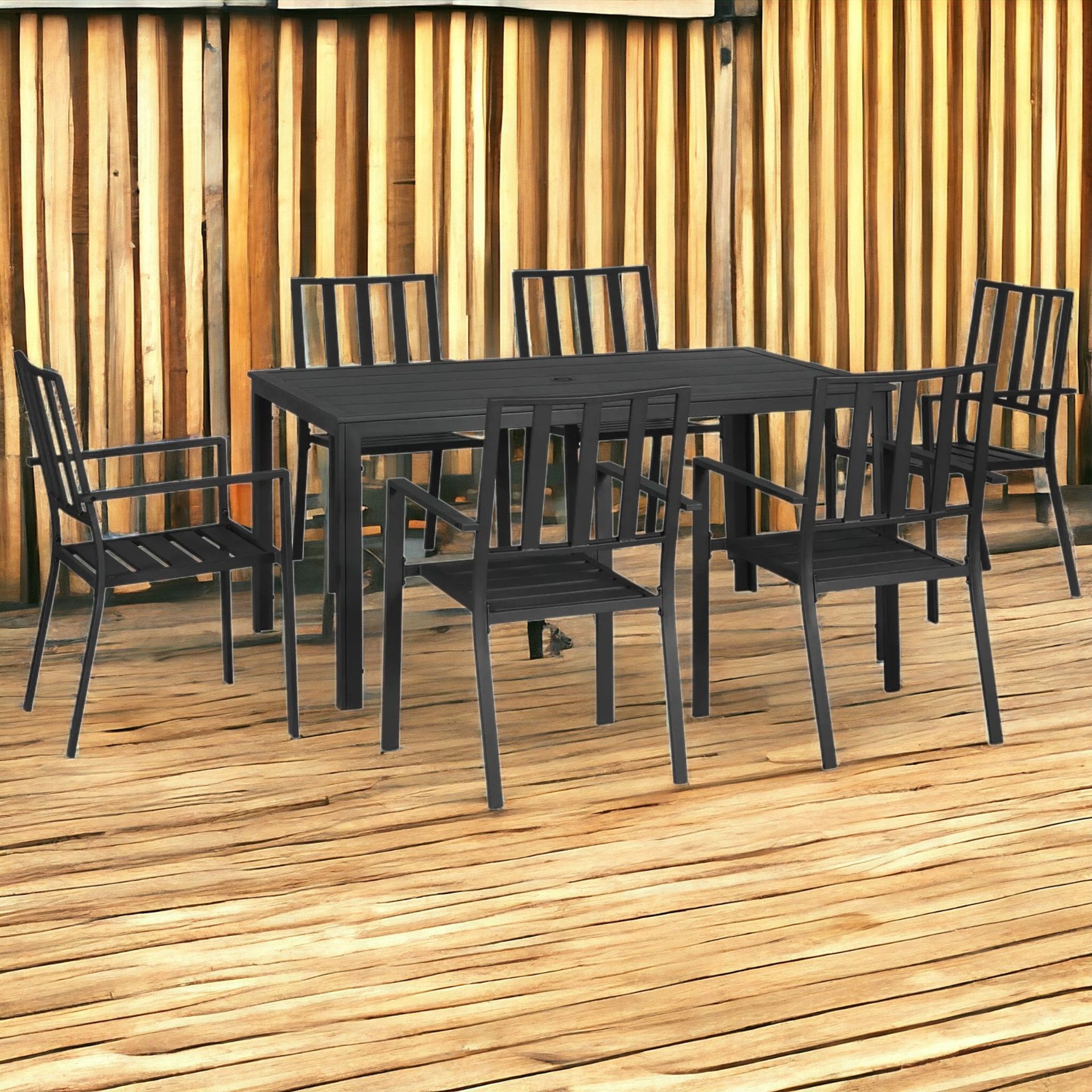 FREE DELIVERY - BRAND NEW 7 PCS GARDEN DINING SET W/ STACKABLE CHAIRS AND METAL TOP TABLE, BLACK