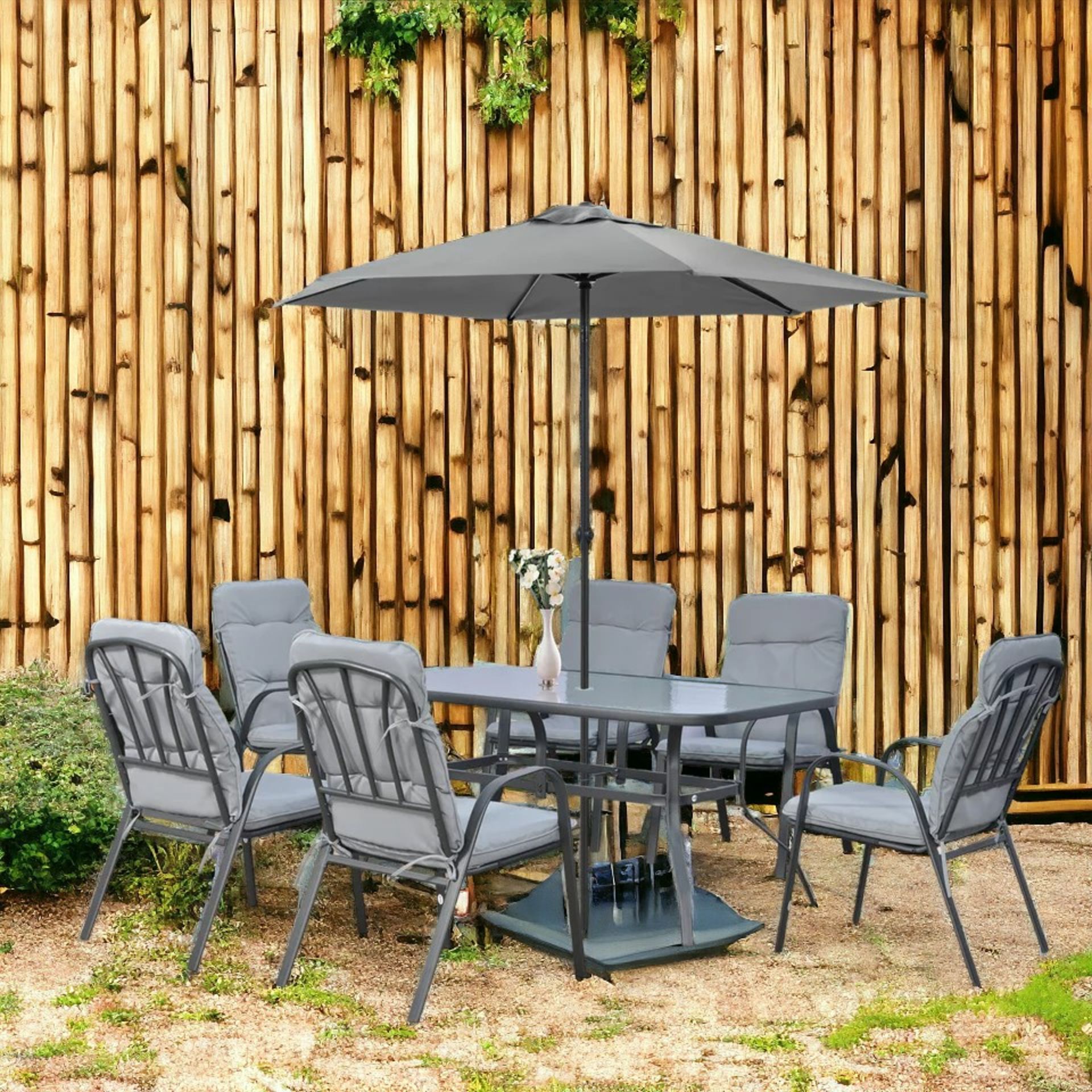 1 X BRAND NEW 7 PCS GARDEN DINING SET, GLASS TABLE W/ UMBRELLA HOLE & CUSHION, GREY - Bild 2 aus 2