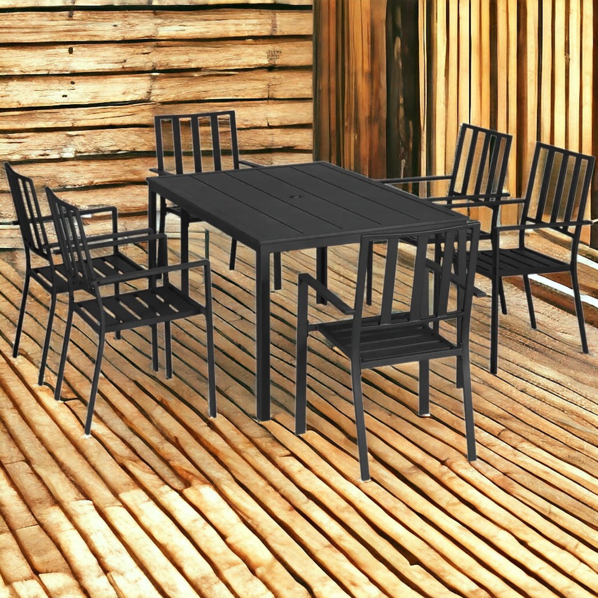 FREE DELIVERY- BRAND NEW 7 PCS GARDEN DINING SET W/ STACKABLE CHAIRS AND METAL TOP TABLE, BLACK - Image 2 of 2