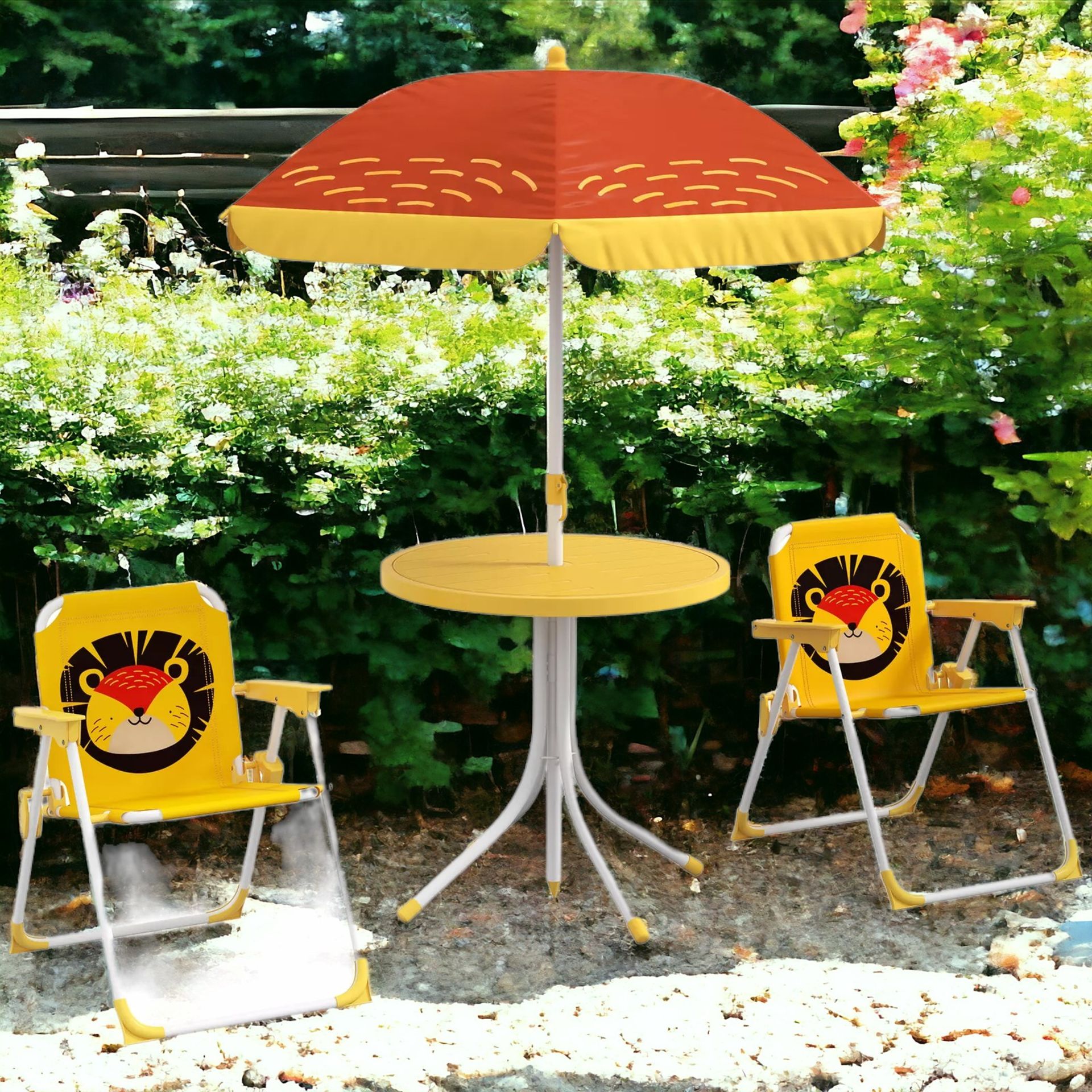 FREE DELIVERY- BRAND NEW KIDS BISTRO TABLE AND CHAIR SET W/ LION THEME, ADJUSTABLE PARASOL - Image 2 of 2