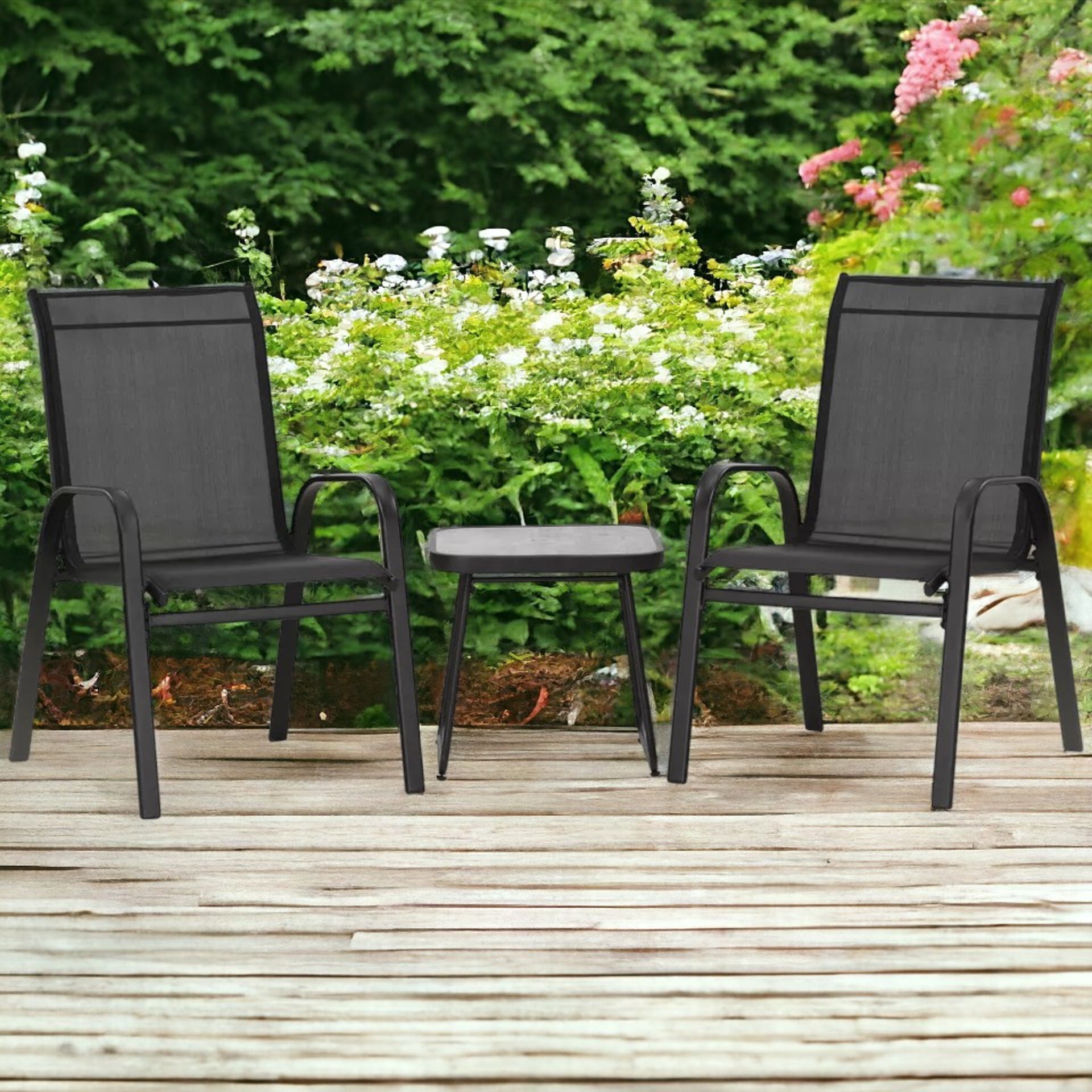 FREE DELIVERY- BRAND NEW 3PCS BISTRO SET WITH BREATHABLE MESH FABRIC STACKABLE CHAIRS BLACK