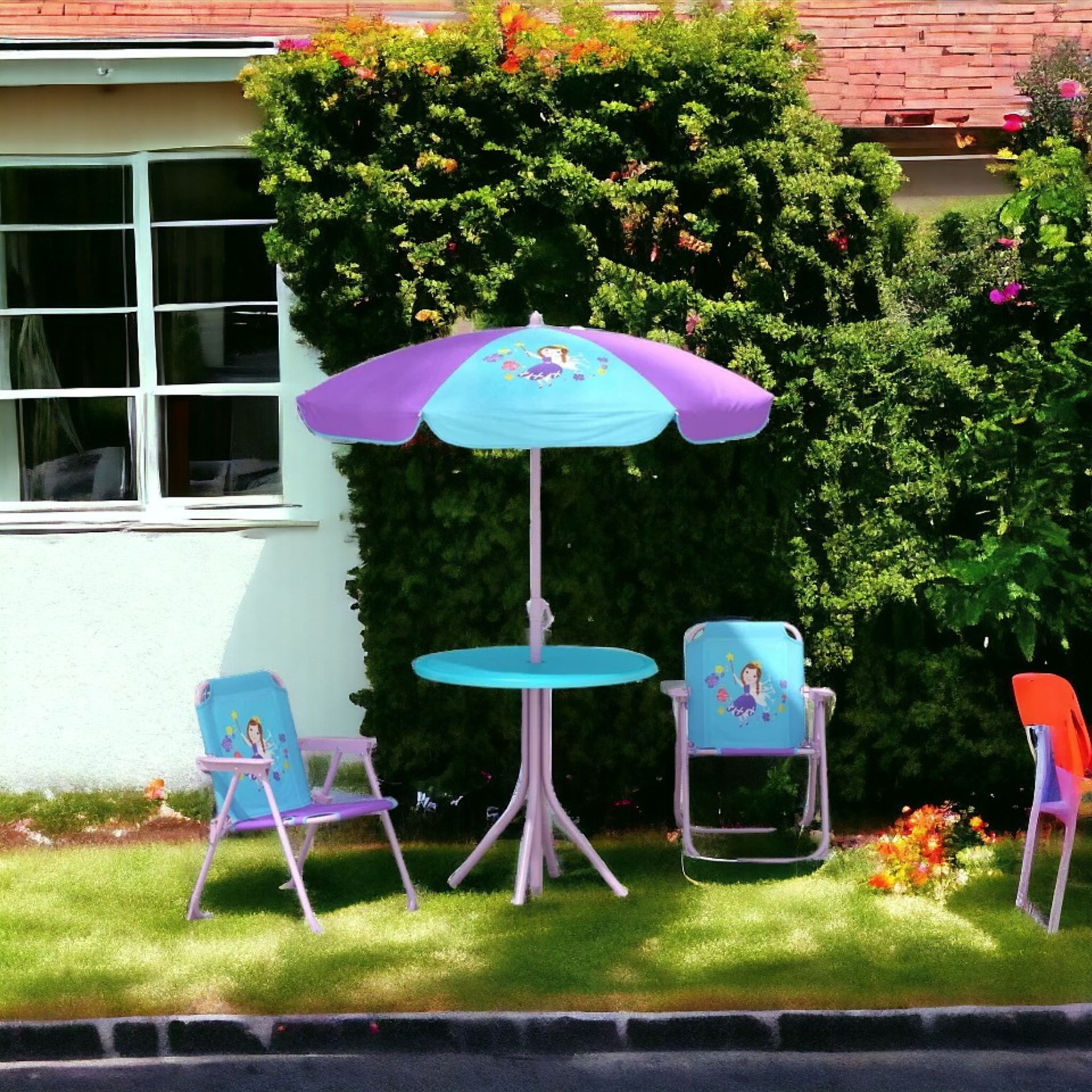 FREE DELIVERY- BRAND NEW KIDS BISTRO TABLE AND CHAIR SET W/ FAIRY THEME, ADJUSTABLE PARASOL - Image 2 of 2