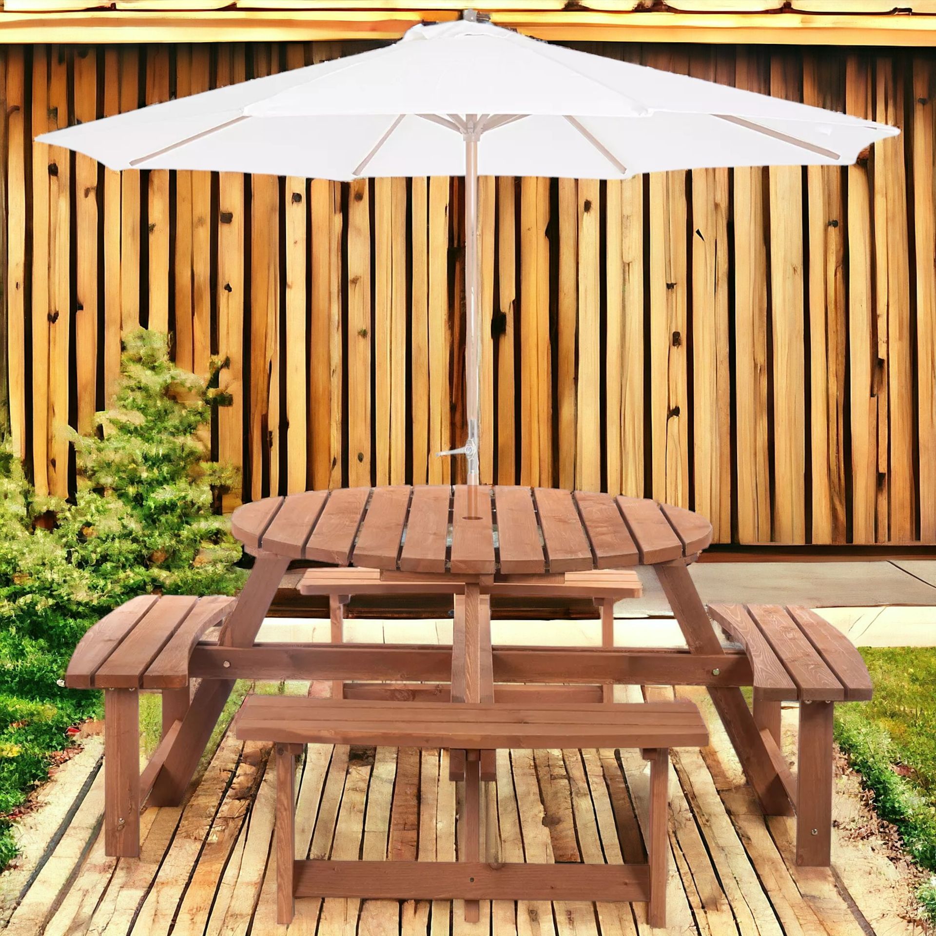 FREE DELIVERY- BRAND NEW 8 SEAT GARDEN OUTDOOR WOODEN ROUND PICNIC TABLE BENCH - Bild 2 aus 2