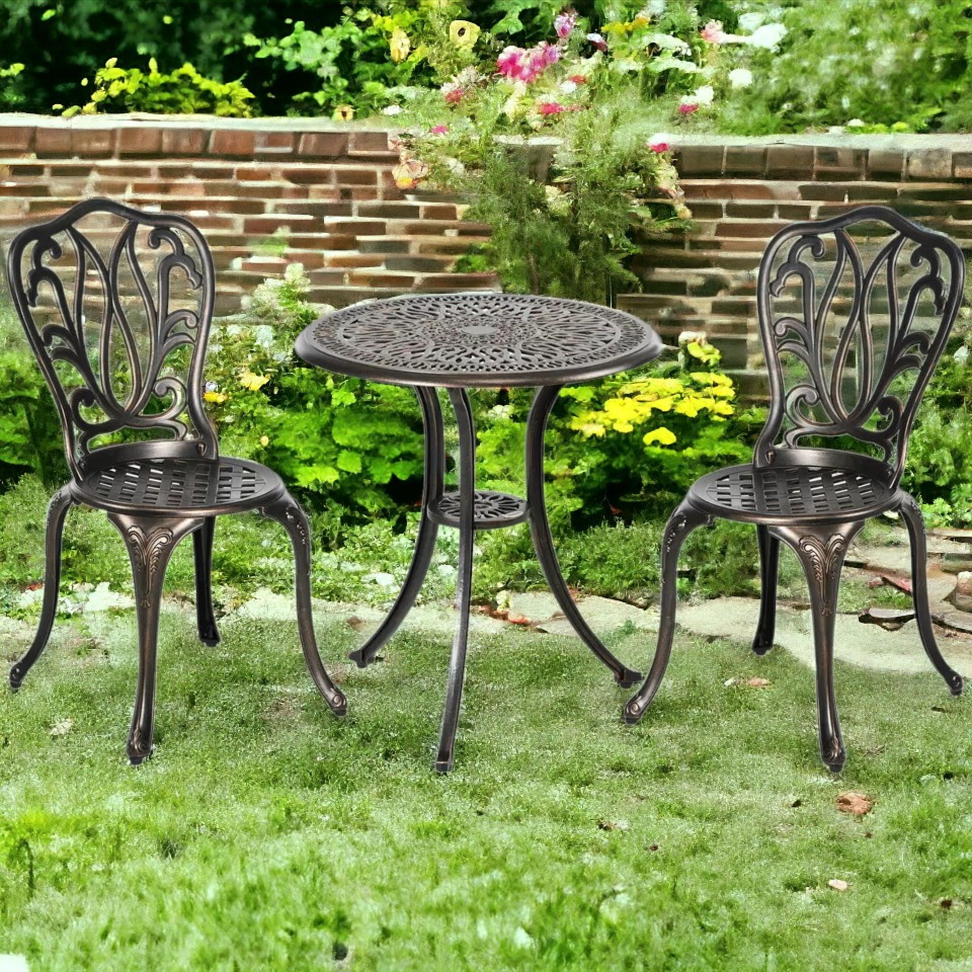 FREE DELIVERY -BRAND NEW 3 PIECE PATIO BISTRO SET OUTDOOR TABLE SET WITH UMBRELLA HOLE BRONZE
