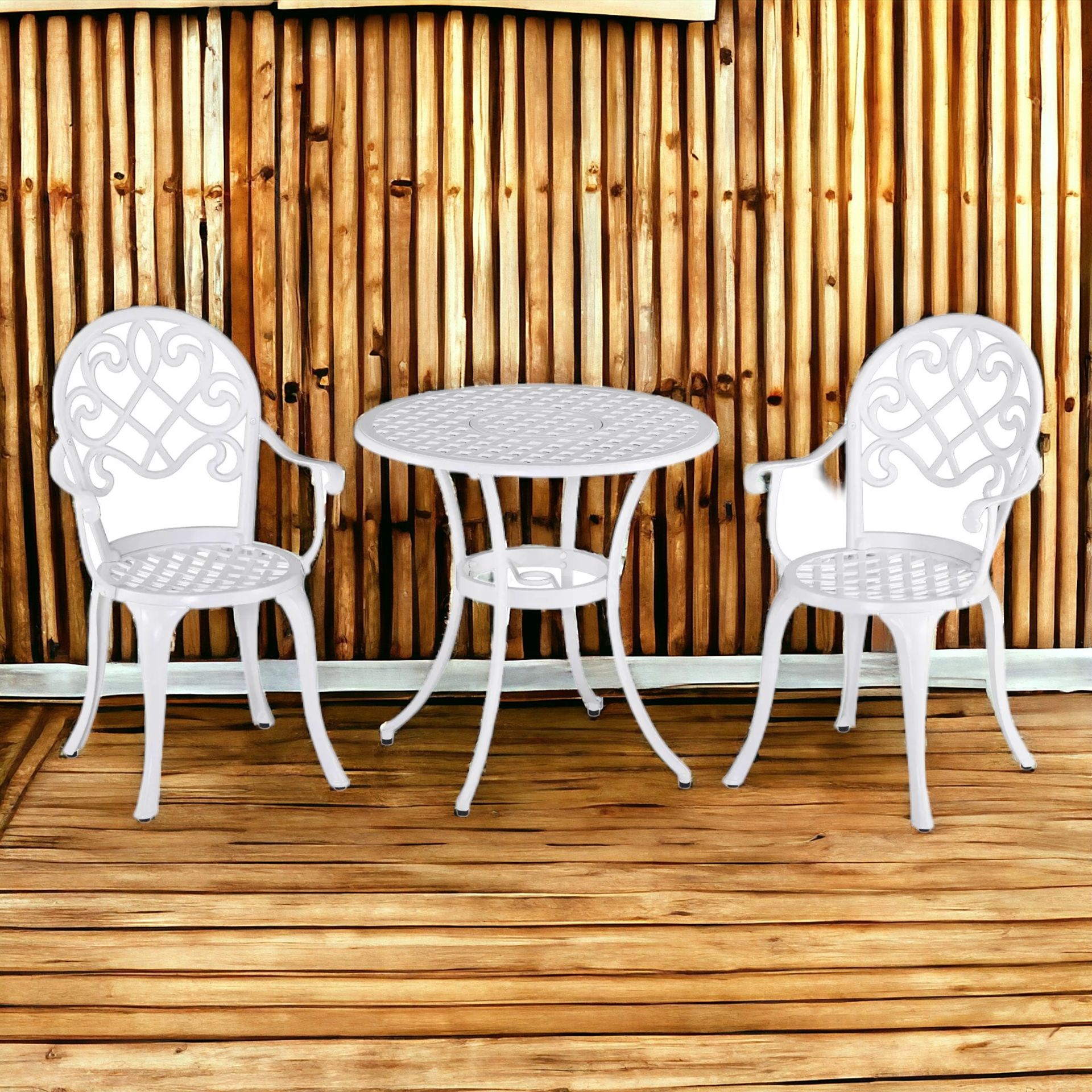 FREE DELIVERY - BRAND NEW 3PCS GARDEN BISTRO SET CAST ALUMINIUM ROUND TABLE WITH 2 CHAIRS WHITE - Image 2 of 2