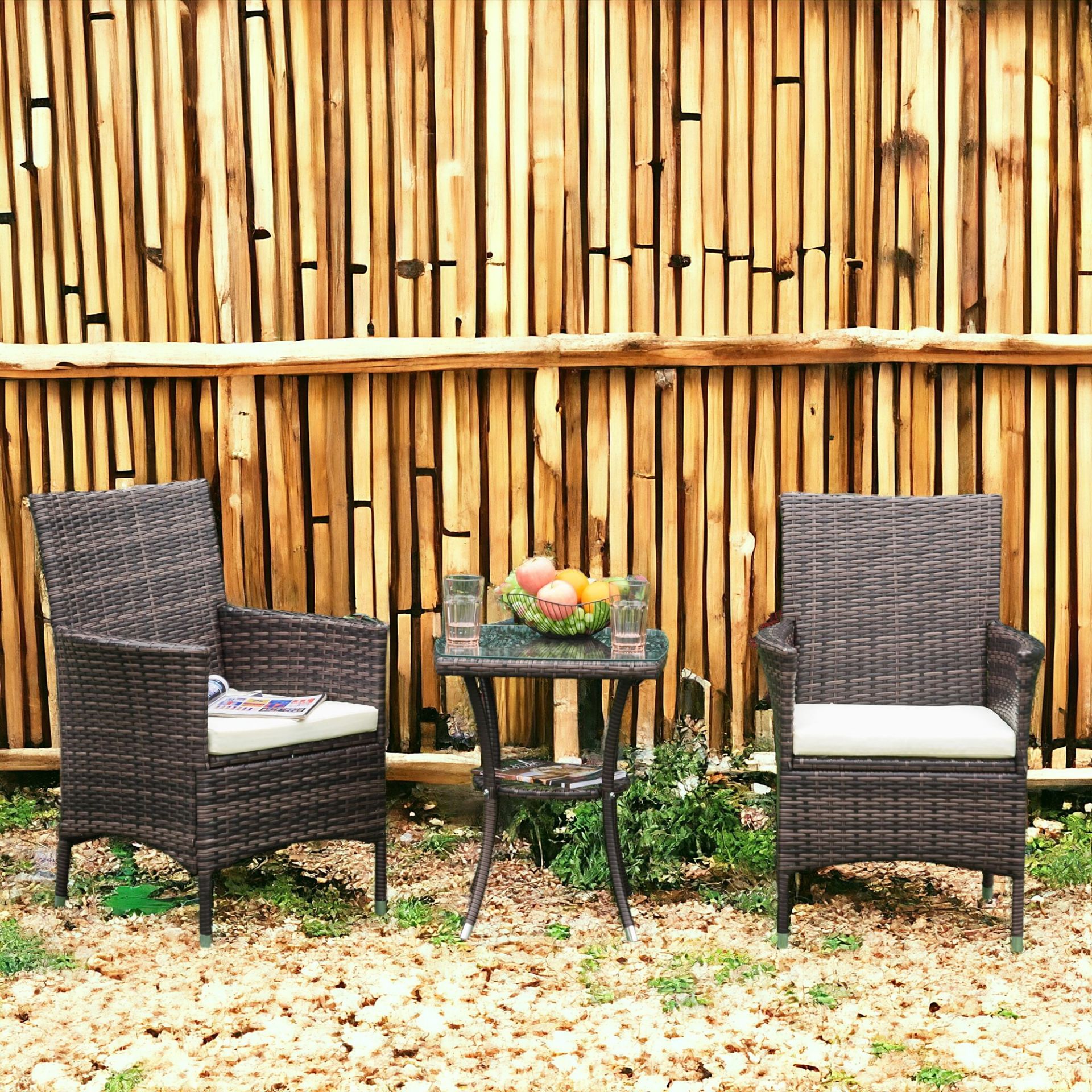FREE DELIVERY - BRAND NEW RATTAN BISTRO SET GARDEN CHAIR TABLE PATIO OUTDOOR CUSHION