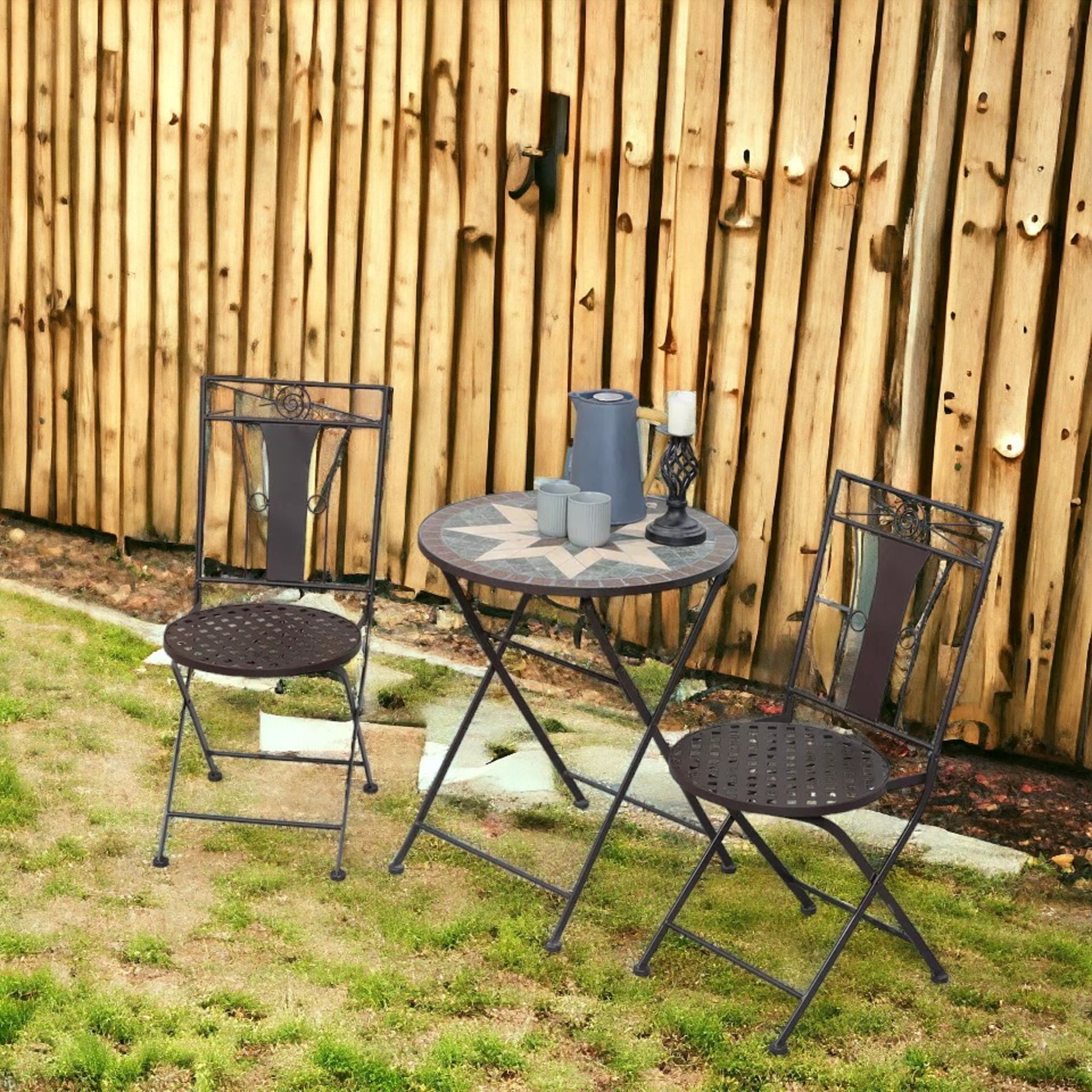 FREE DELIVERY- BRAND NEW 3-PIECE PATIO BISTRO SET W/ MOSAIC ROUND TABLE AND 2 ARMLESS CHAIRS - Image 2 of 2