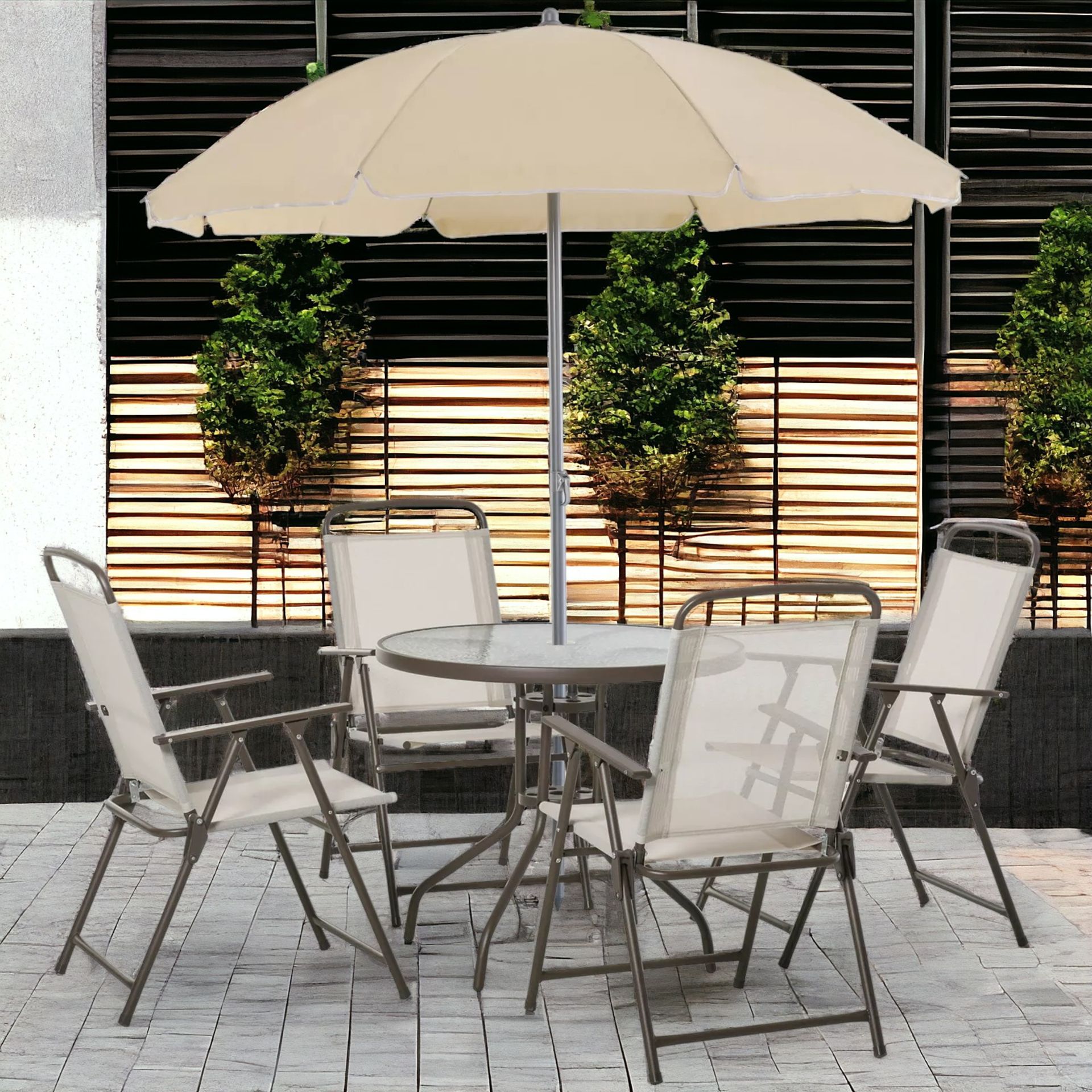 FREE DELIVERY - BRAND NEW 6PC GARDEN DINING SET OUTDOOR FURNITURE FOLDING CHAIRS TABLE PARASOL