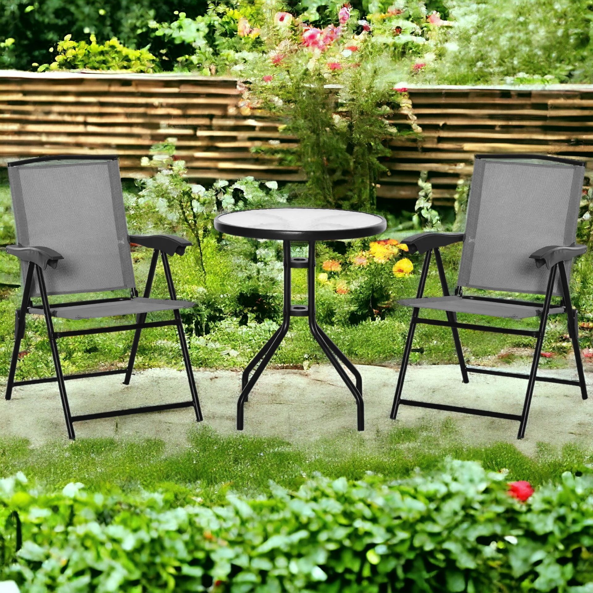 FREE DELIVERY - BRAND NEW PATIO BISTRO SET FOLDING CHAIRS GARDEN COFFEE TABLE FOR BALCONY GREY - Image 2 of 2