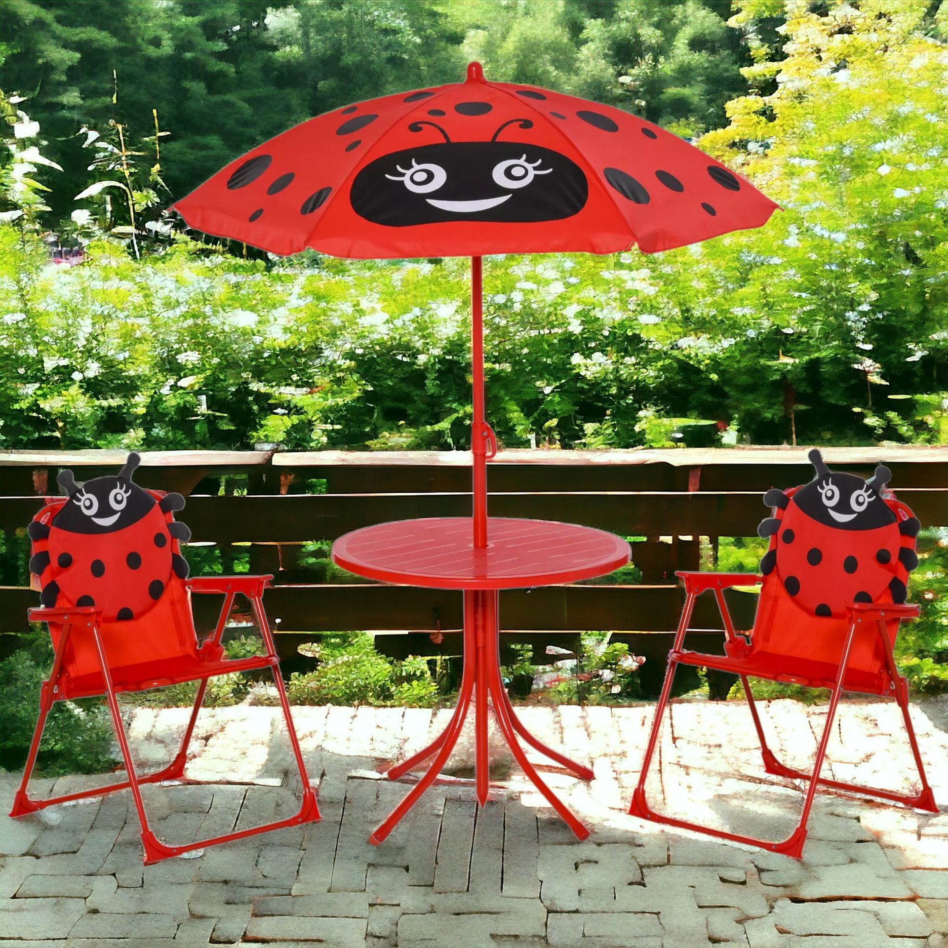 FREE DELIVERY- BRAND NEW KIDS FOLDING PICNIC TABLE CHAIR SET LADYBUG PATTERN OUTDOOR W/ PARASOL - Image 3 of 3