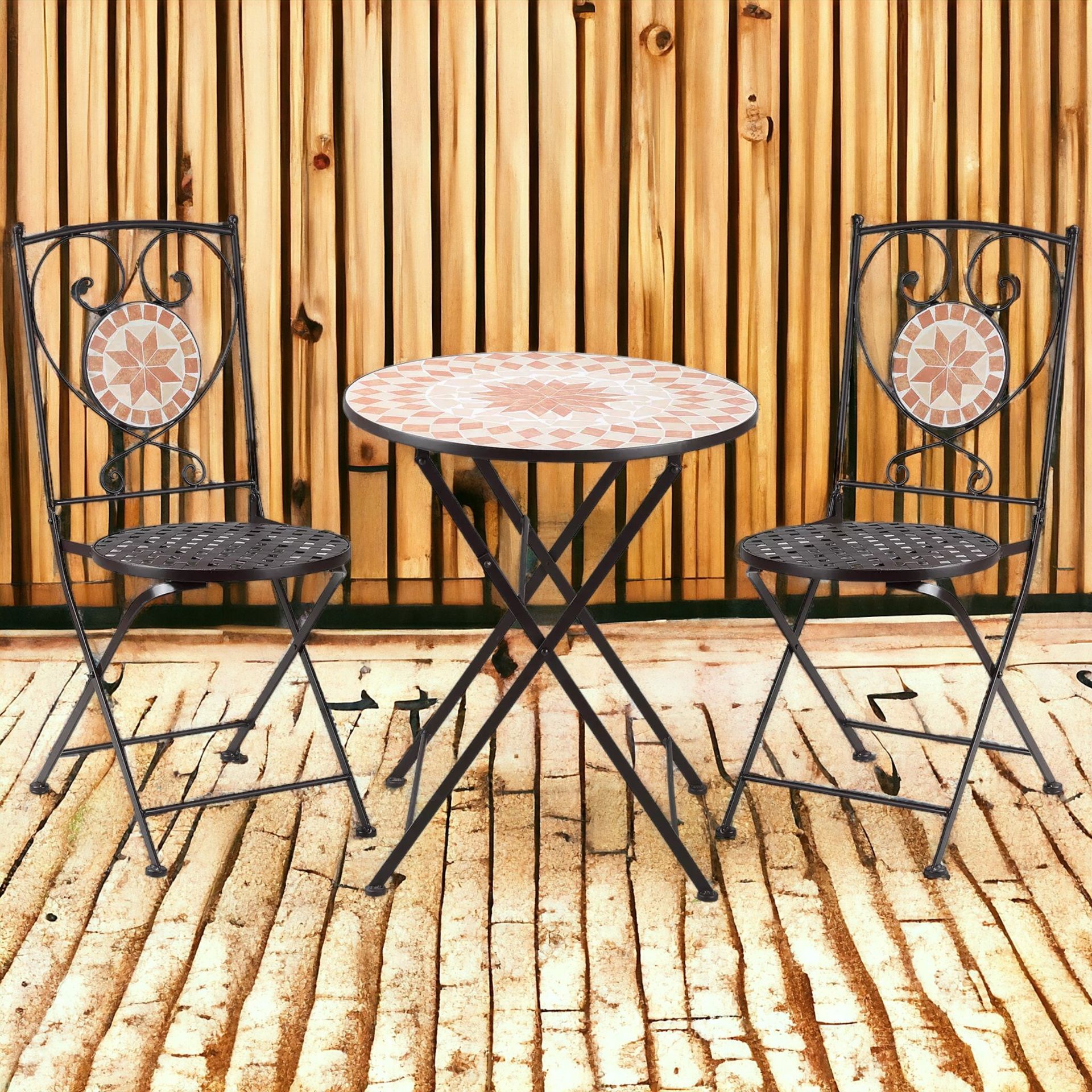 FREE DELIVERY- BRAND NEW 3-PIECE OUTDOOR BISTRO SET W/ MOSAIC ROUND TABLE AND 2 ARMLESS CHAIRS