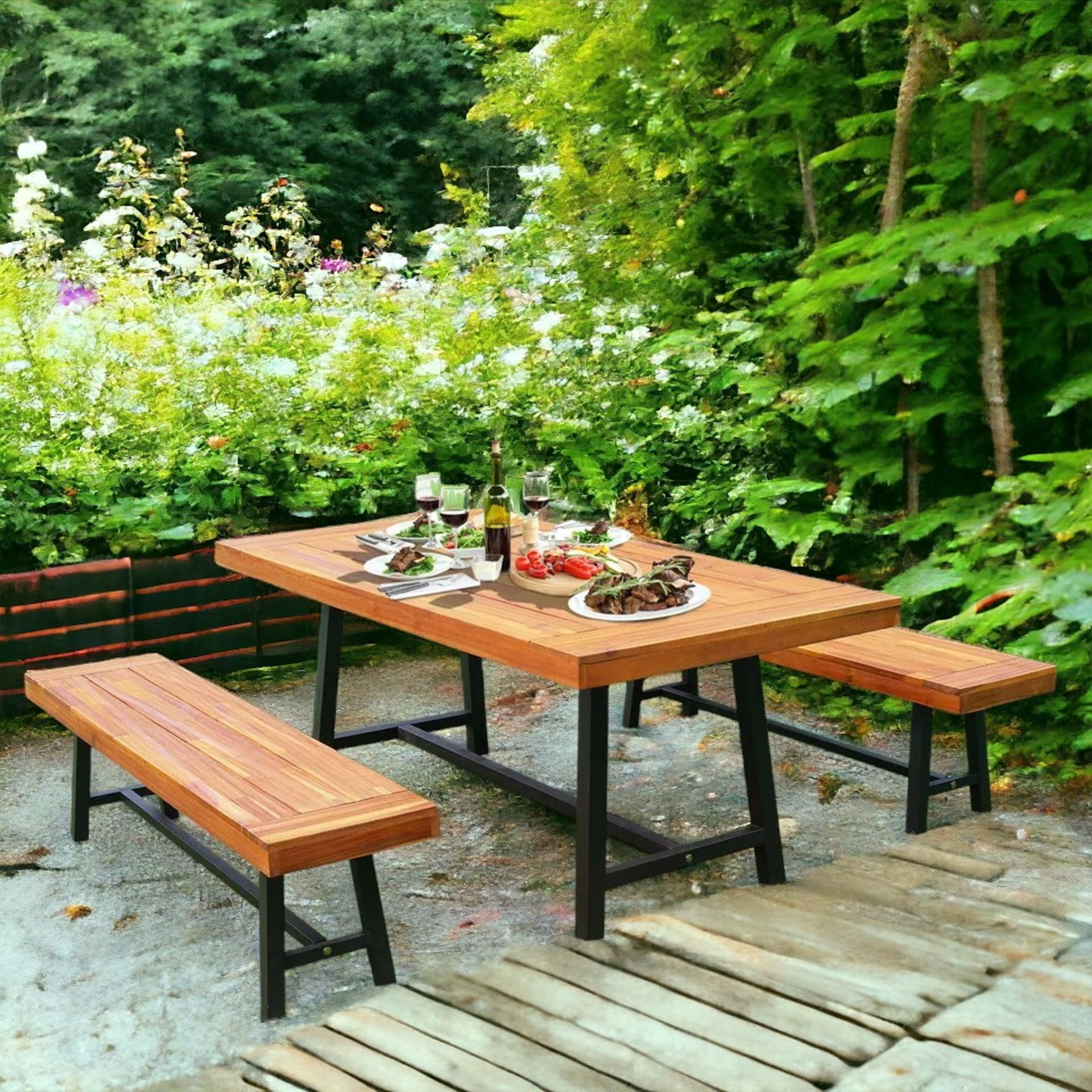 FREE DELIVERY - BRAND NEW 3 PIECES ACACIA WOOD PICNIC DINING SET OUTDOOR INDOOR FURNITURE NATURAL