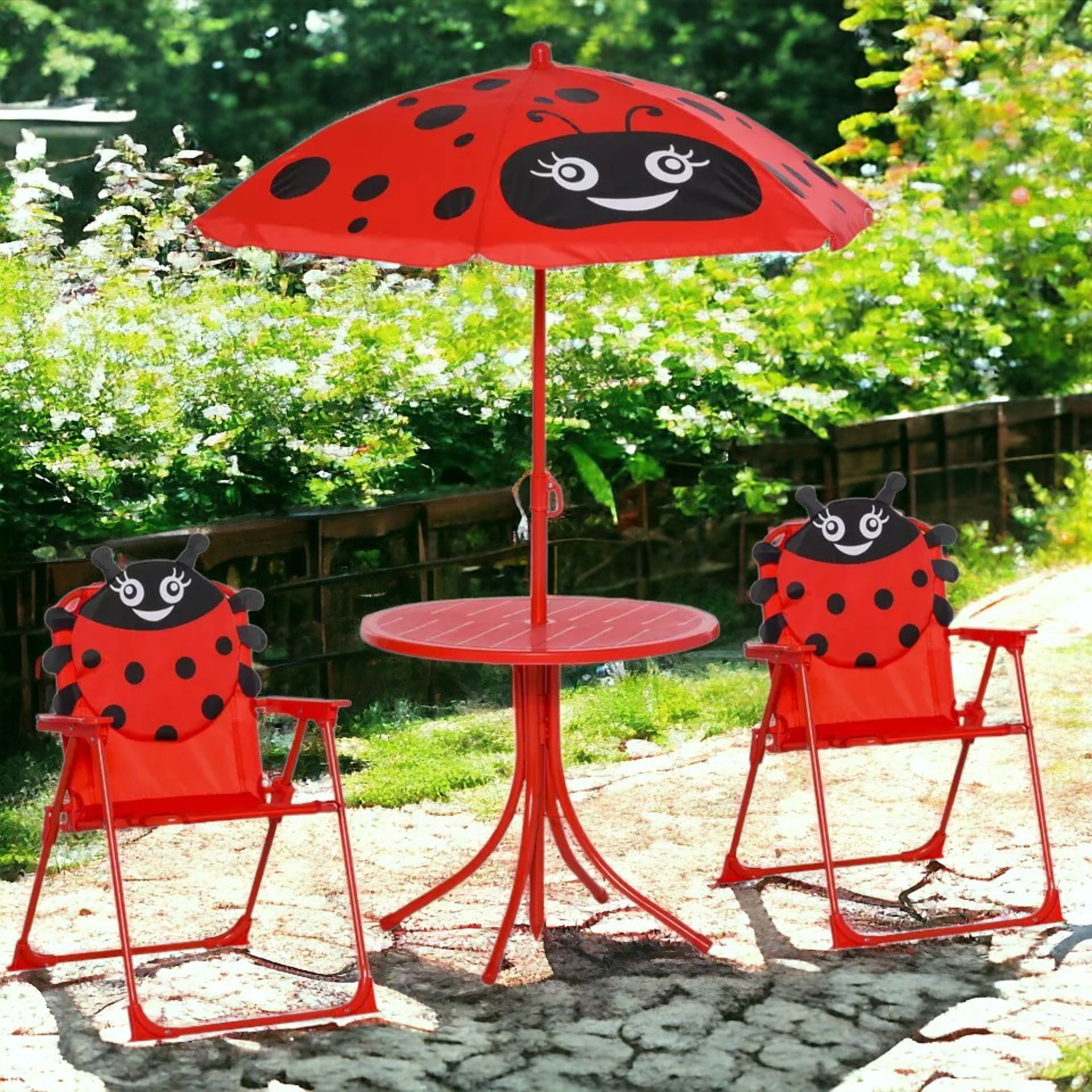 FREE DELIVERY- BRAND NEW KIDS FOLDING PICNIC TABLE CHAIR SET LADYBUG PATTERN OUTDOOR W/ PARASOL - Image 2 of 3