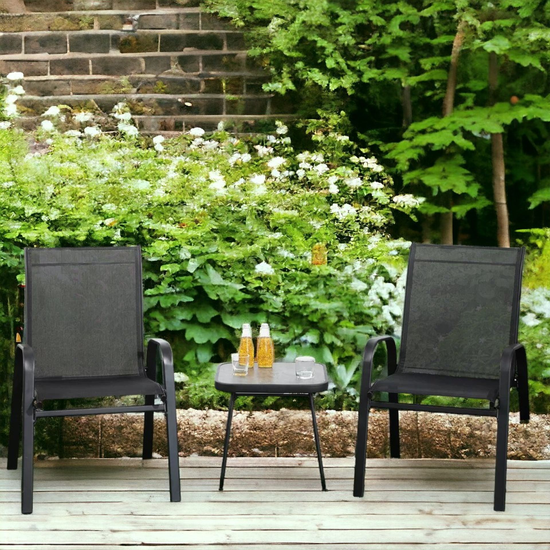 FREE DELIVERY- BRAND NEW 3PCS BISTRO SET WITH BREATHABLE MESH FABRIC STACKABLE CHAIRS BLACK - Image 2 of 2