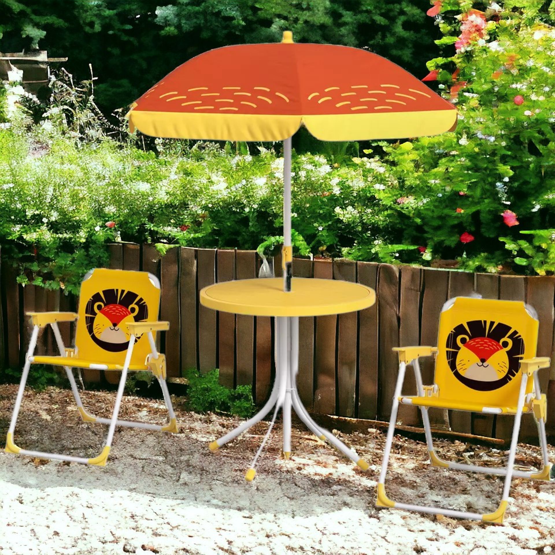 FREE DELIVERY- BRAND NEW KIDS BISTRO TABLE AND CHAIR SET W/ LION THEME, ADJUSTABLE PARASOL