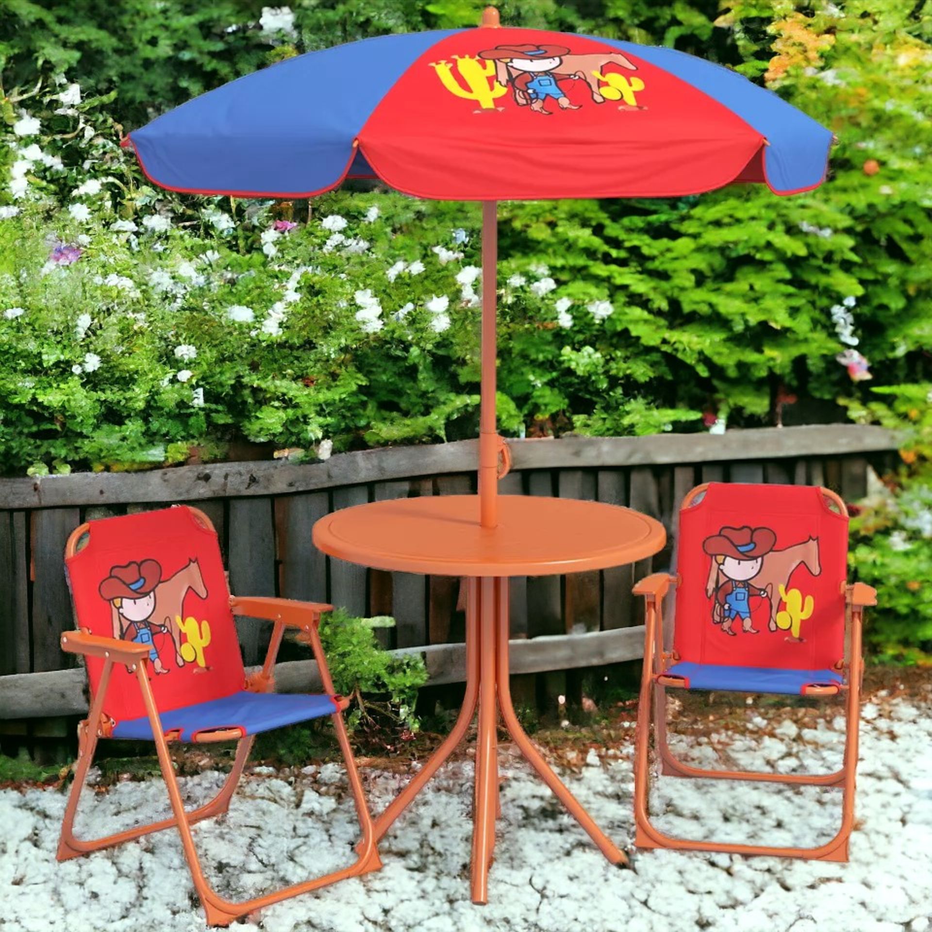 FREE DELIVERY- BRAND NEW KIDS BISTRO TABLE AND CHAIR SET W/ COWBOY THEME, ADJUSTABLE PARASOL - Image 2 of 2