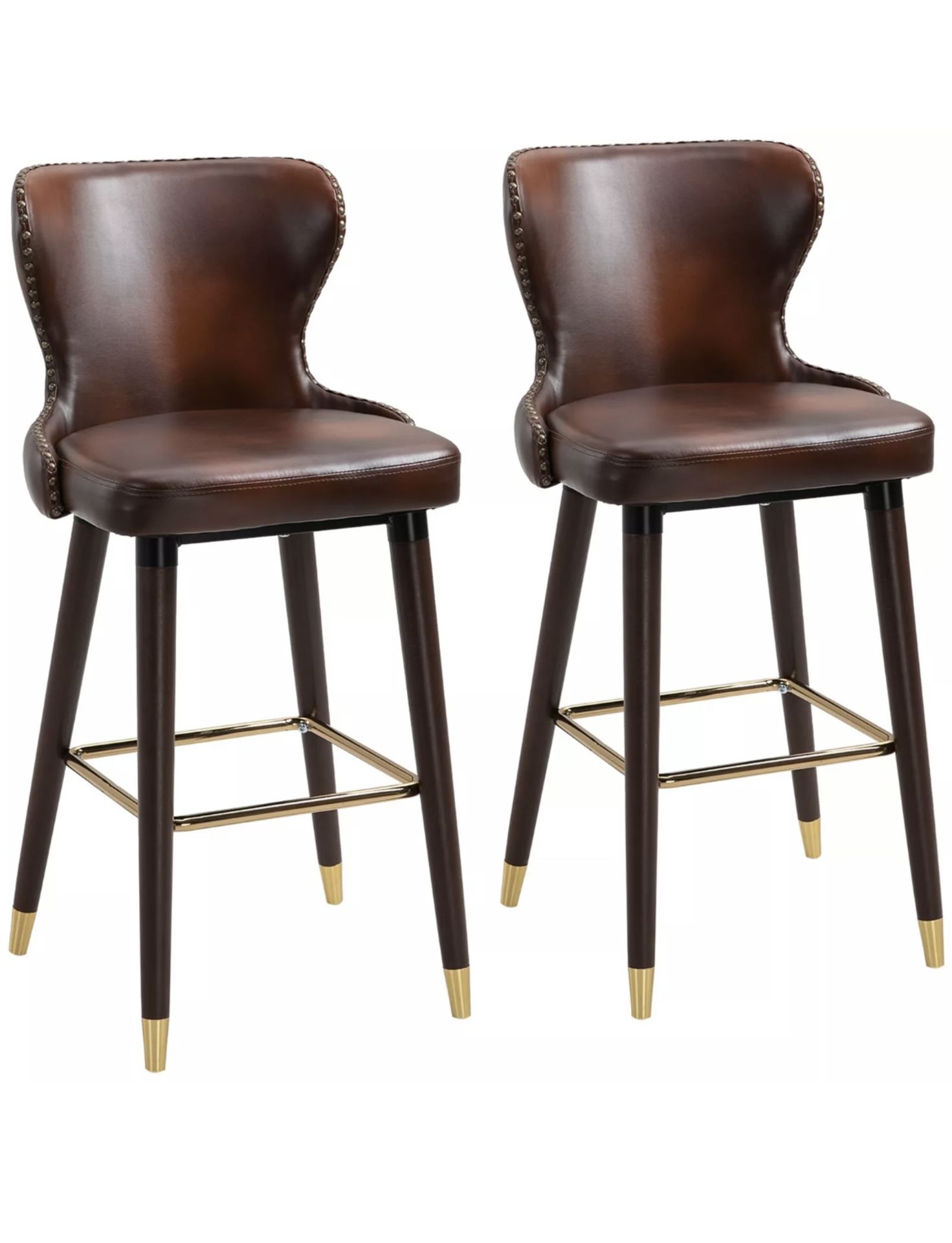LUXURY SOLID BAR STOOLS SET OF 2 WITH BACK, PU LEATHER UPHOLSTERY, BROWN