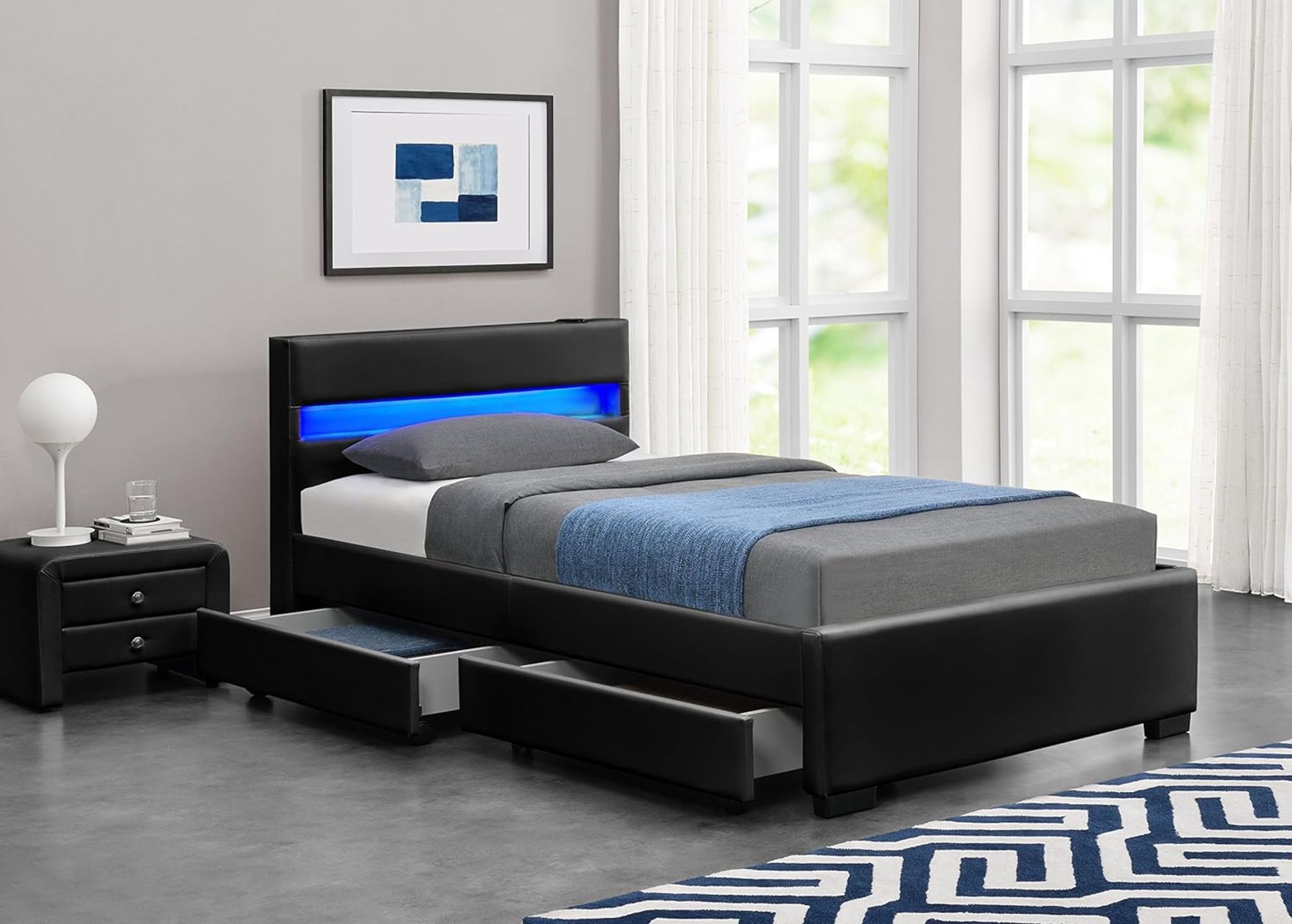DESIGNER MUSIC BED, BLUETOOTH, SPEAKERS, LED COLOUR CHANGING FAUX LEATHER BED FRAME WITH REMOTE - Image 2 of 4