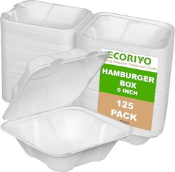 500 BURGER TAKEAWAY BOXES - CLAMSHELL 15X15CM 6X6 INCHES SUGARCANE BIODEGRADABLE WHITE