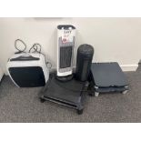 Rexel paper shredder, ProBreeze ceramic tower heater, Lonove fan heater and three screen stands