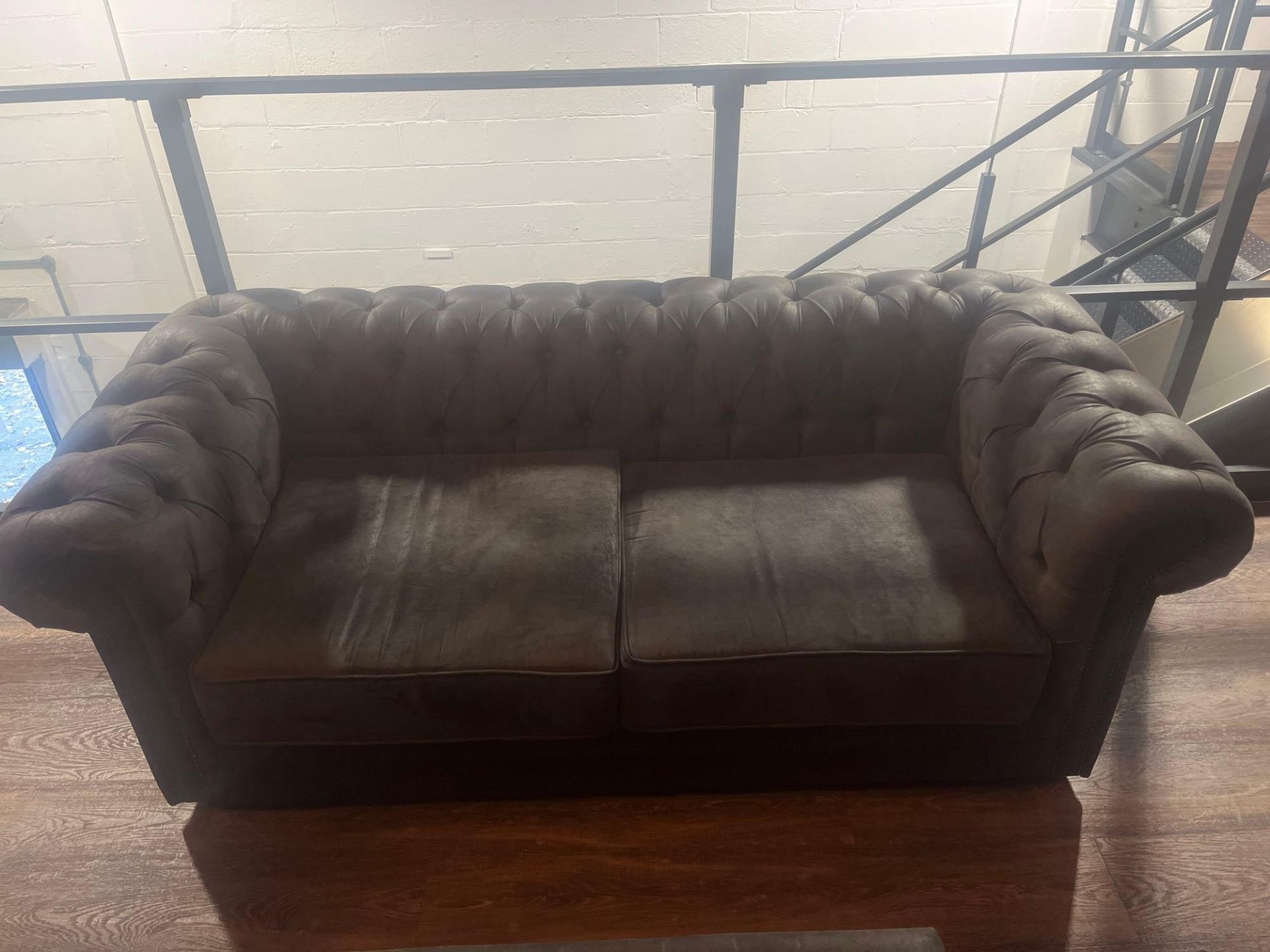 Chesterfield style grey cloth upholstered two seater sofa with matching armchair and foot stool - Image 2 of 6