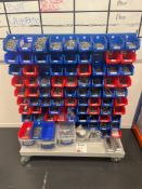 Mobile double sided component rack and contents comprising a quantity of nuts, bolts and fittings