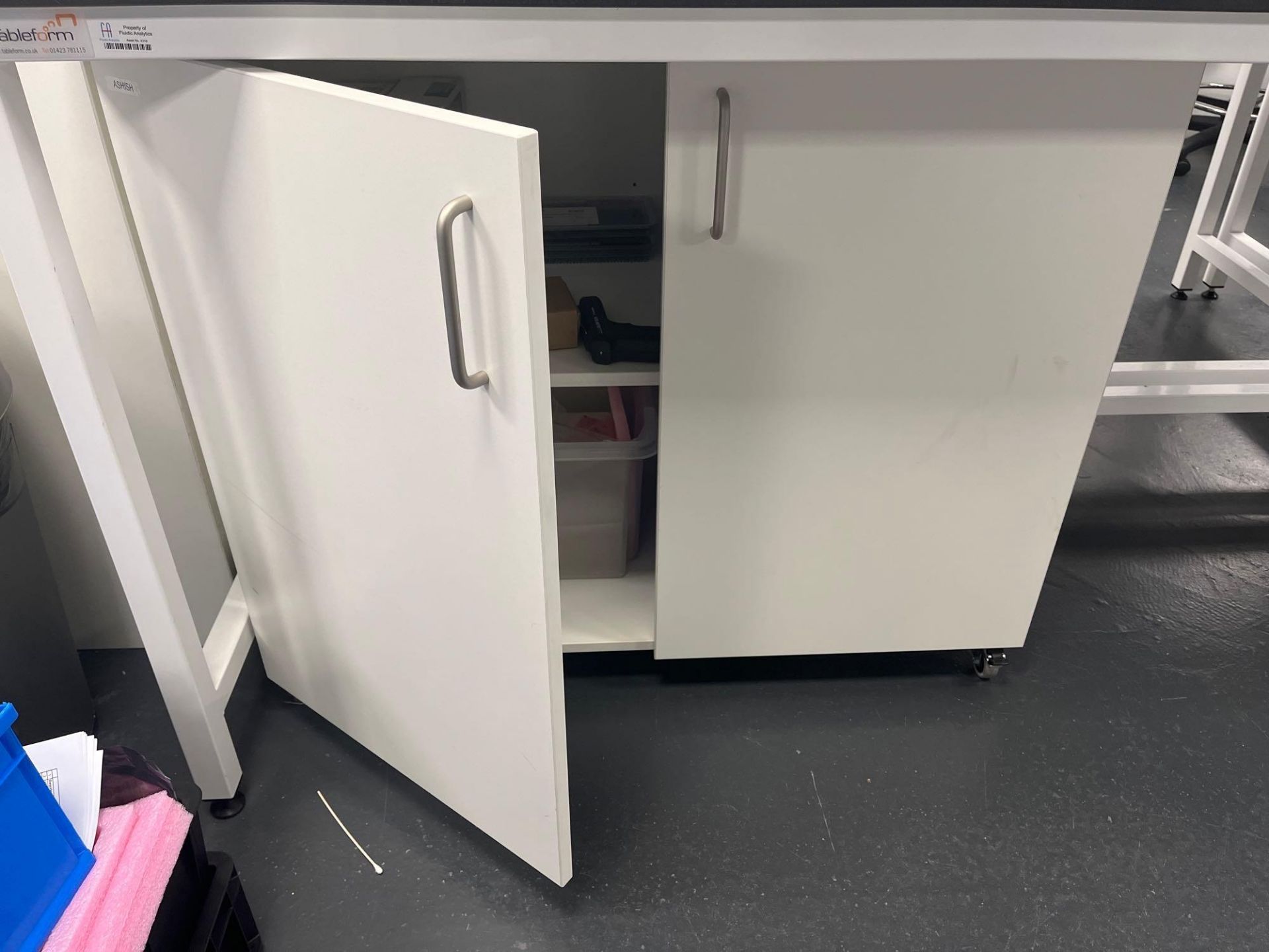 Tableform white laboratory workbench with white two door cabinet (excludes contents) (approximately - Image 2 of 3