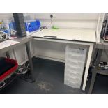 Tableform white laboratory workbench (excludes contents) (approximately 150cm L x 76 cm x 91cm)