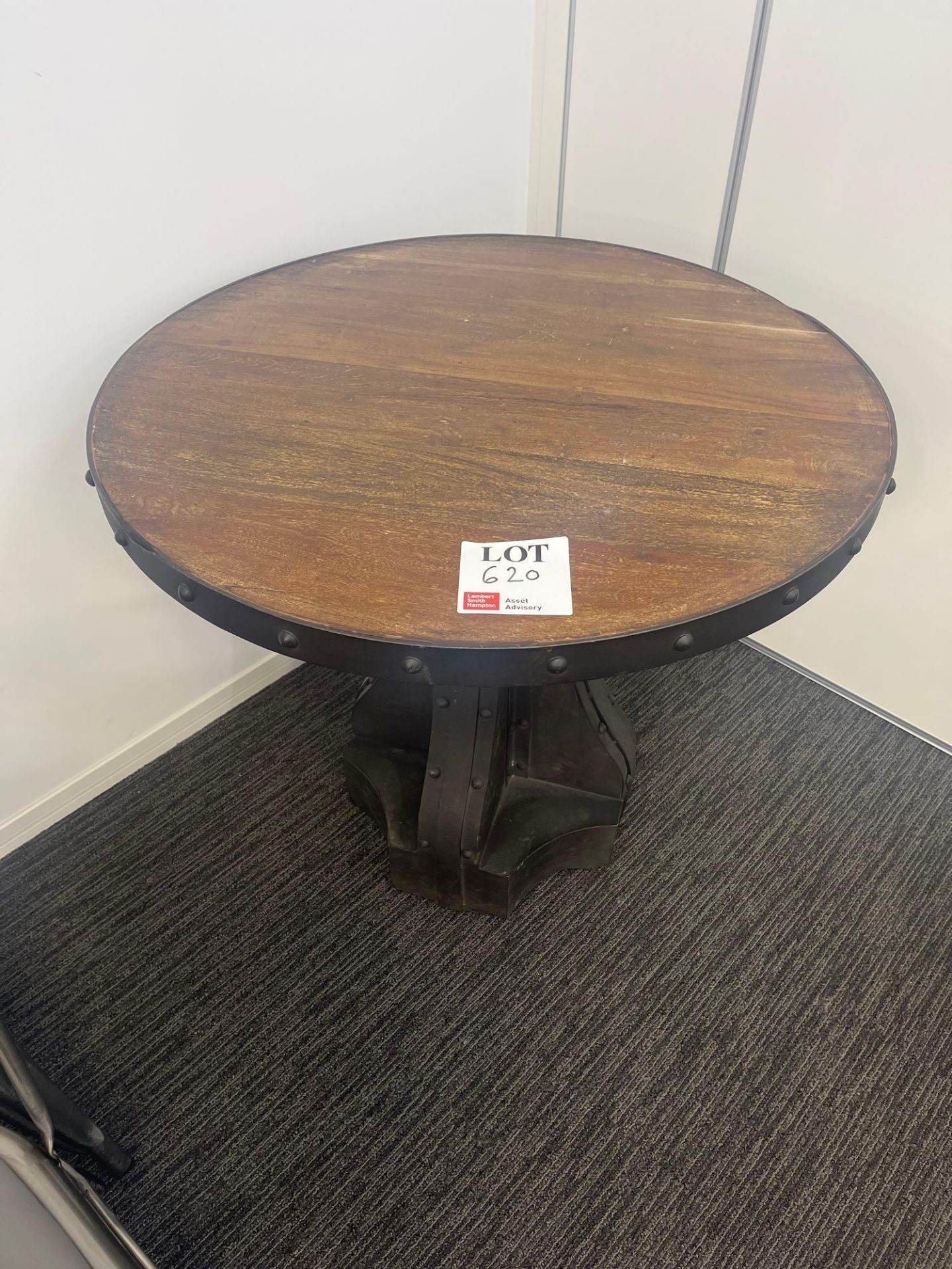 Custom built metal framed wood top circular table