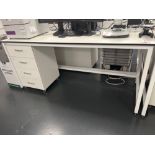 Tableform white laboratory workbench with white two door cabinet (excludes contents) (approximately