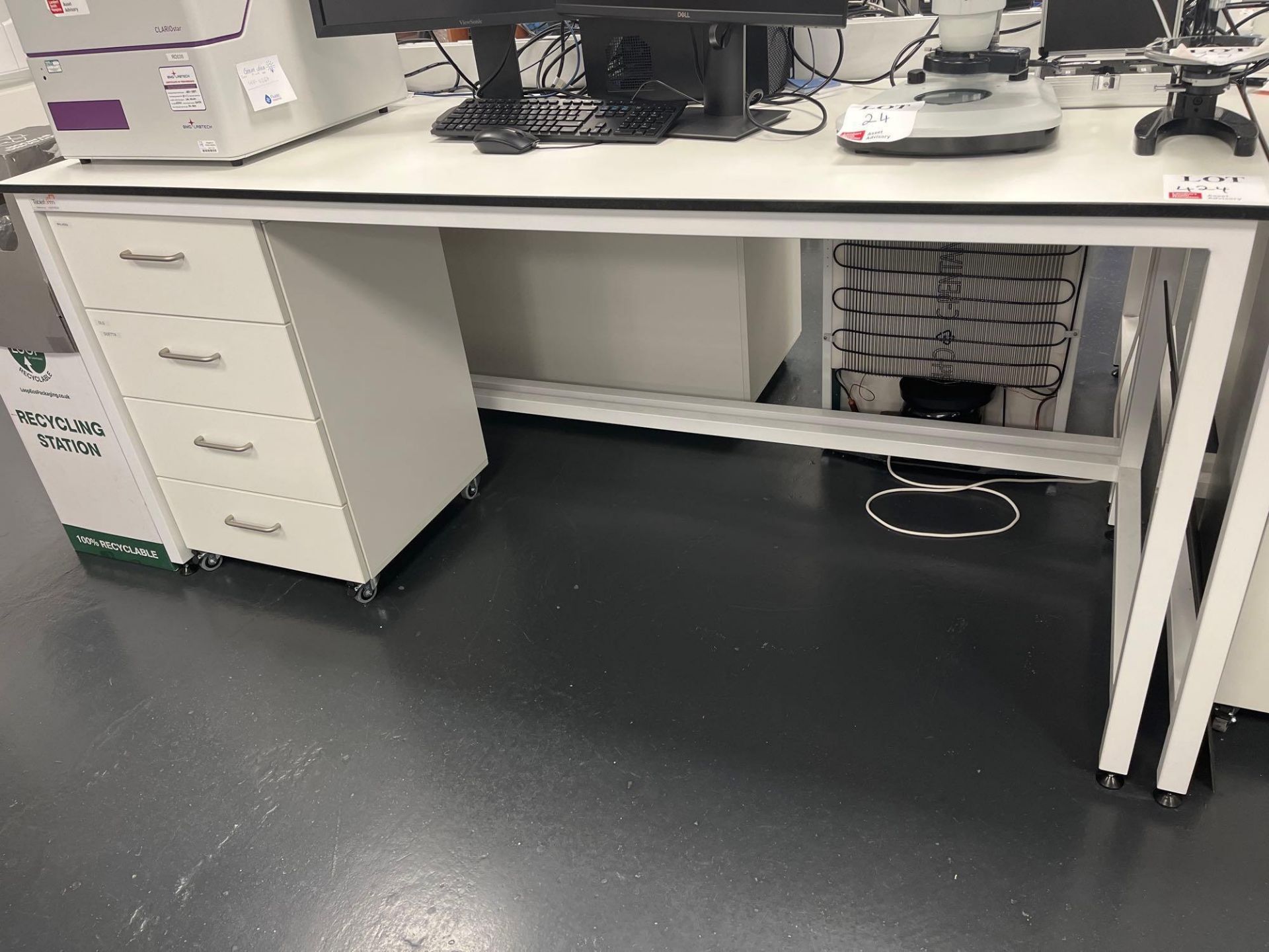 Tableform white laboratory workbench with white two door cabinet (excludes contents) (approximately
