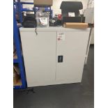 White metal two door cabinet (approximately 90cm L x 40cm W x 92cm H)
