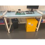 Tableform white laboratory workbench (excludes contents) (approximately 150cm L x 76 cm x 91cm)