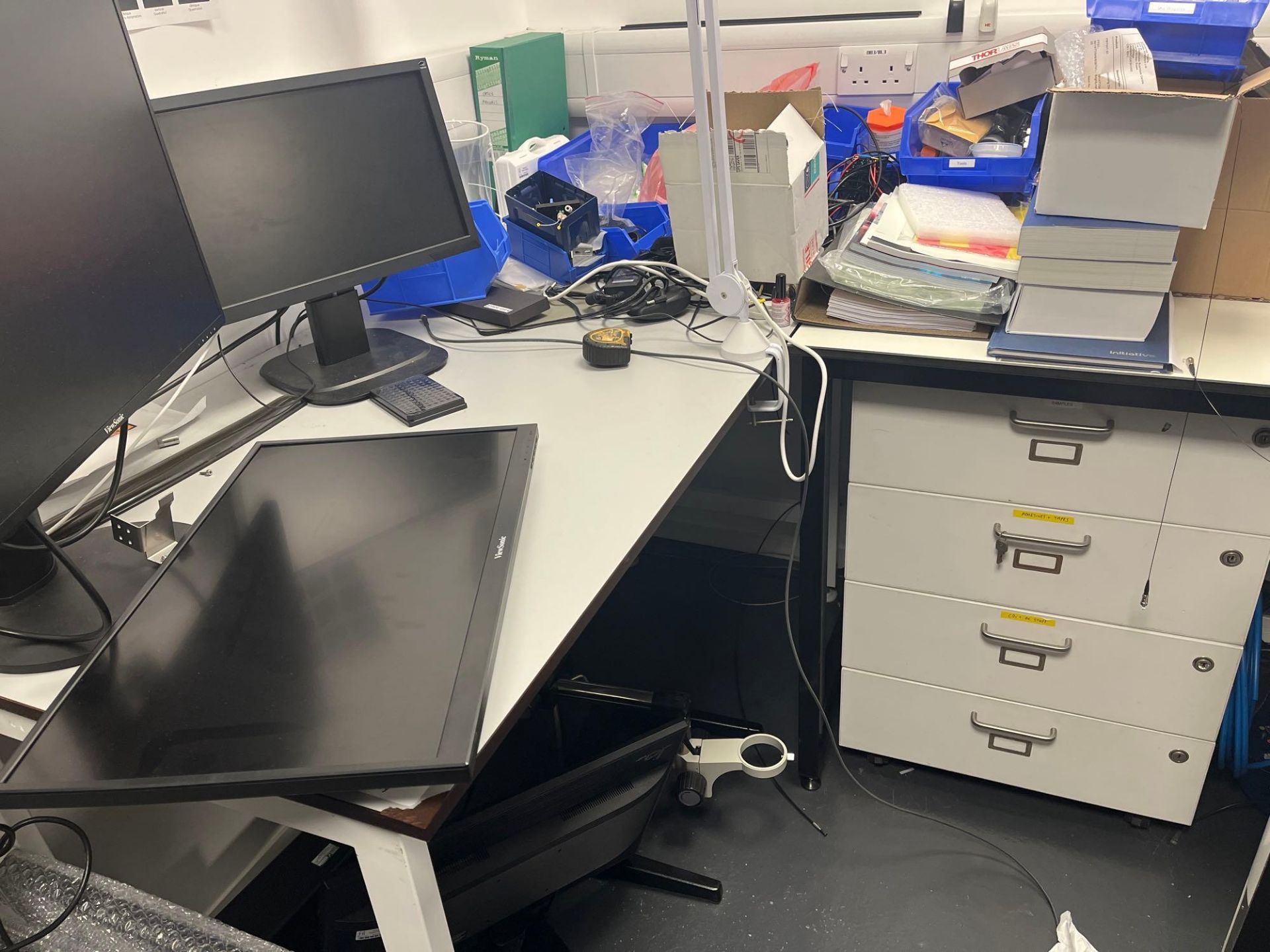 Two laboratory workbenches and contents comprising various consumables, white four drawer cabinet an - Image 5 of 6