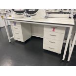 Tableform white laboratory workbench with white four drawer pedestal unit (excludes contents) (appro