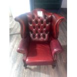Chesterfield Style burgundy leather upholstered armchair