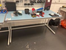 White laboratory workbench with four fitted plug inputs (excludes contents) (approximately 182cm L x