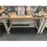 Wood top metal framed workbench (excludes contents) (approximately 151cm L x 75cm W x 85cm H)