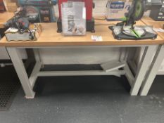 Wood top metal framed workbench (excludes contents) (approximately 151cm L x 75cm W x 85cm H)