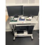 Mobile desk with pull out stand, two AOC monitors and HP OfficeJet Pro 6230 printer
