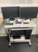 Mobile desk with pull out stand, two AOC monitors and HP OfficeJet Pro 6230 printer