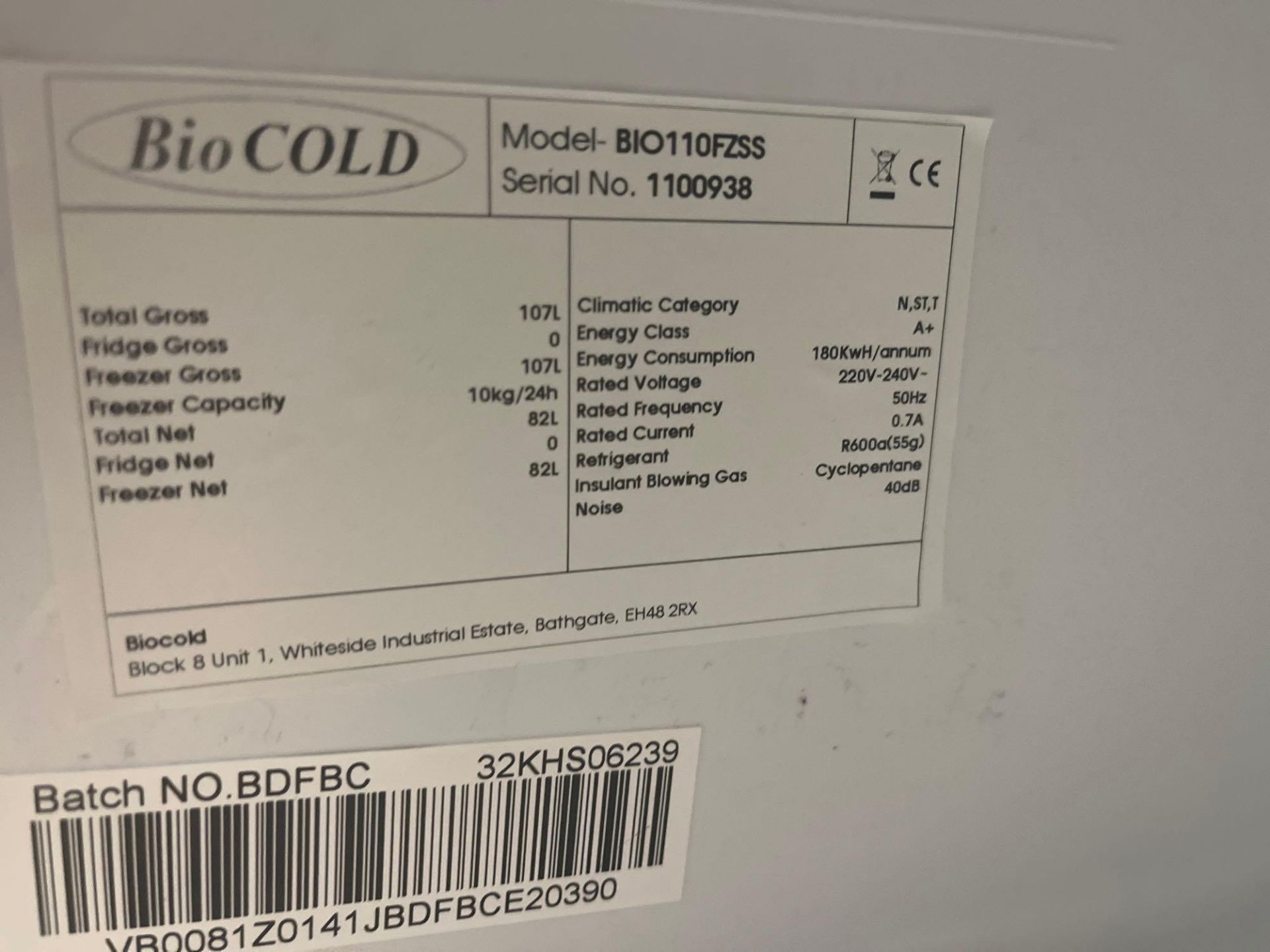 BioCold BIO110FZSS undercounter laboratory freezer - Image 2 of 3